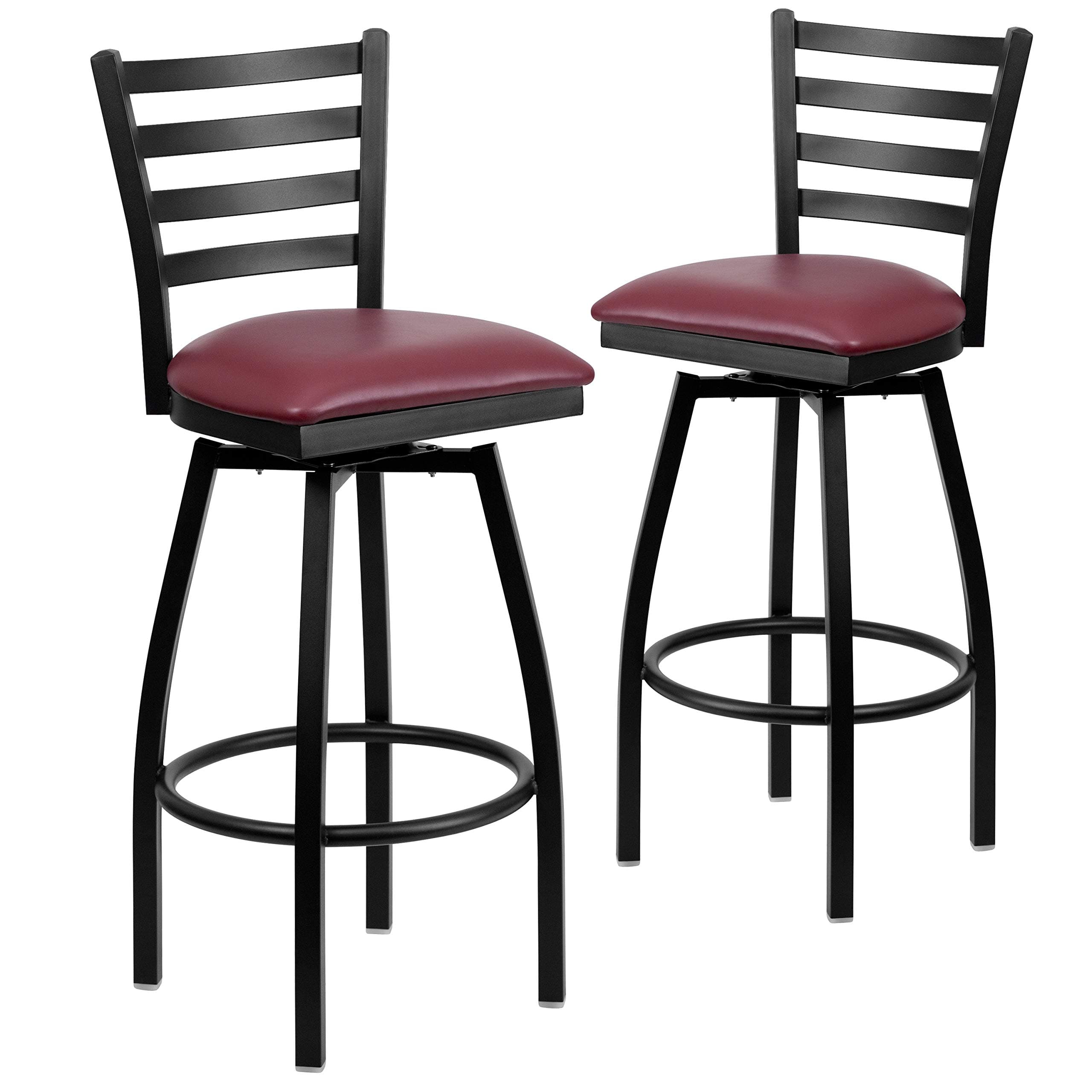 Flash Furniture 2 Pack HERCULES Series Black Ladder Back Swivel Metal Barstool - Burgundy Vinyl Seat