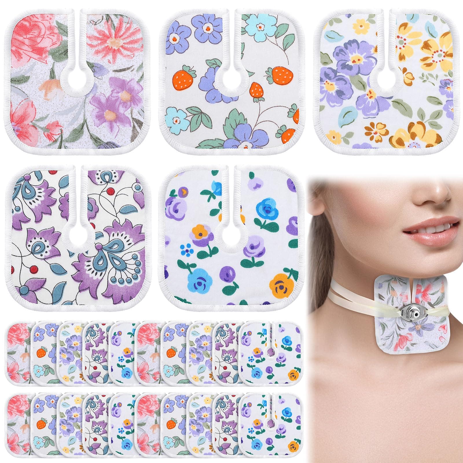 20 Pcs 4 x 4 Inches Reusable Trach Acc Tracheostomy Supplies Dressing Pads Absorbent Soft Tracheo Cover Drain Split Sponges for Wound Care(Flower Pattern)