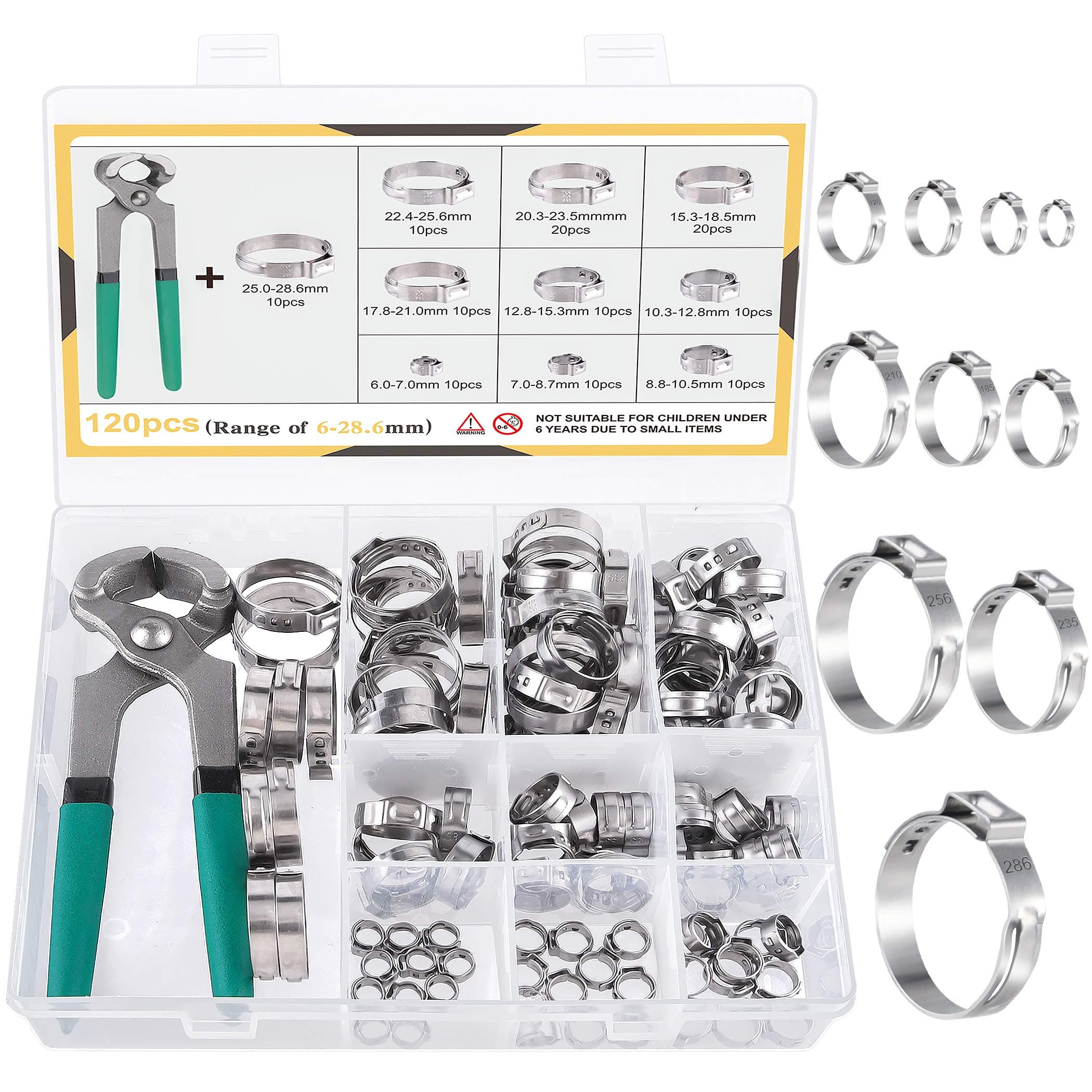 120Pcs Stainless Steel Single Ear Hose Clamps with Ear Clamp Pincer 10 Sizes 304 Stepless Crimp Clamp for Securing PEX Tubing Pipe Hoses and Automotive Use with Storage Box,1/4 inch-1 1/8 inch