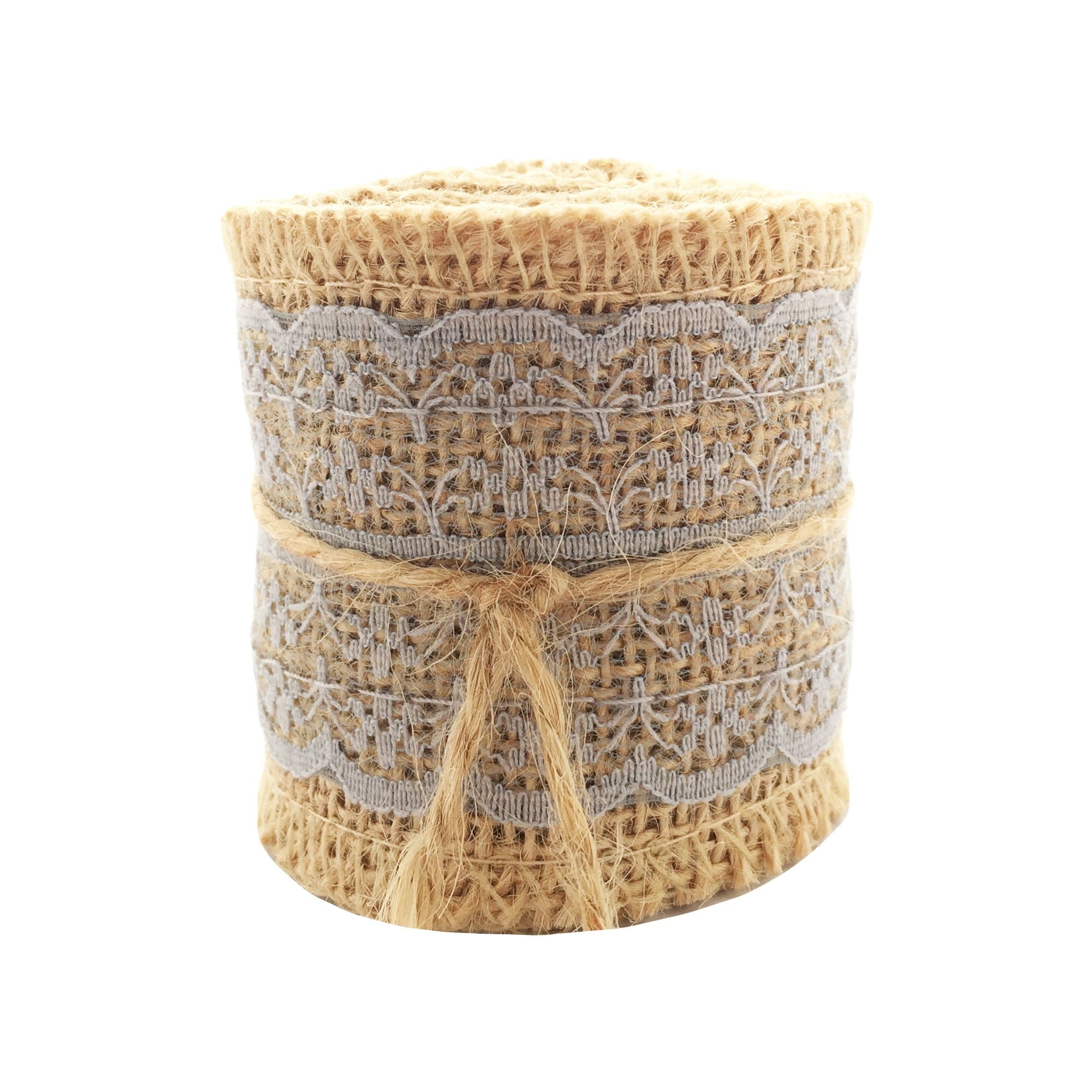 LWR CRAFTS Natural Burlap Ribbon with Lace (Grey)