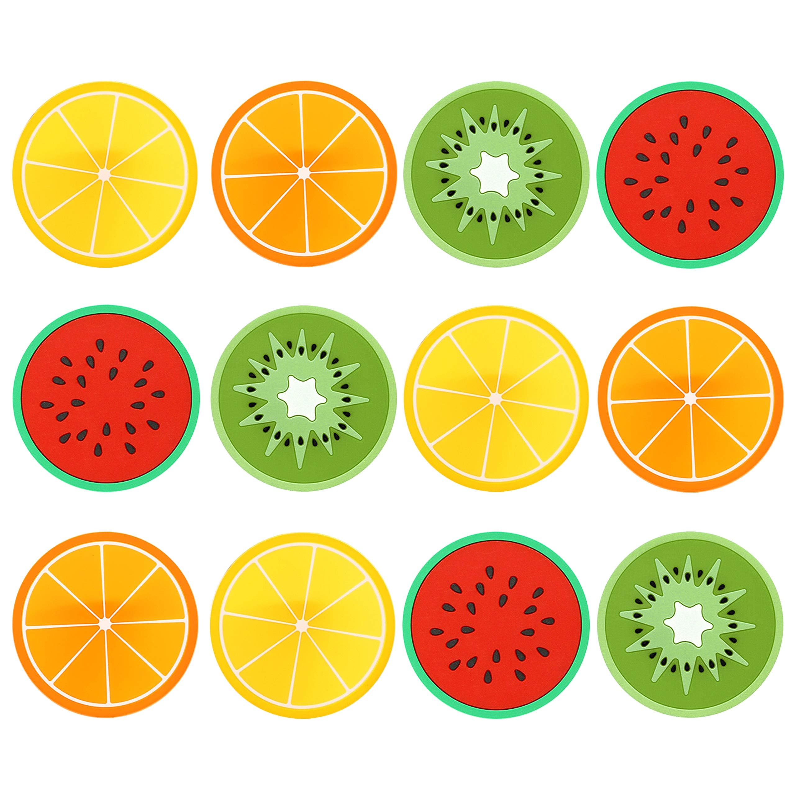 12 x Simpa Fruity Coasters - Novelty Silicone Fruit Slice Inspired Placemats Coasters - Watermelon, Kiwi Fruit, Orange and Lemon Designs - 9cm Diameter