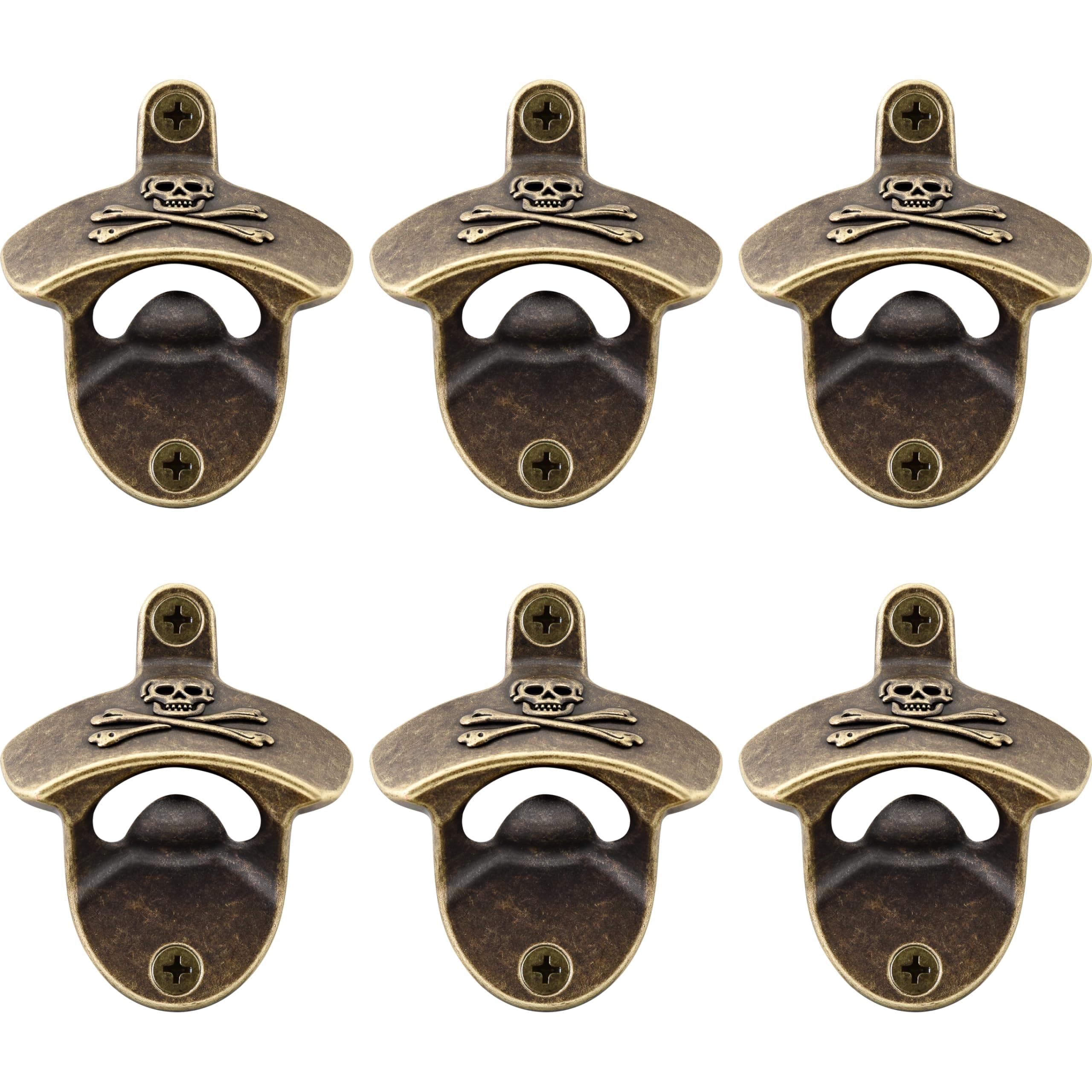 Pirate Wall Mounted Bottle Opener Rustic, Antique Brass Skull Mountable Beer Opener for Post Table (6 PCS)