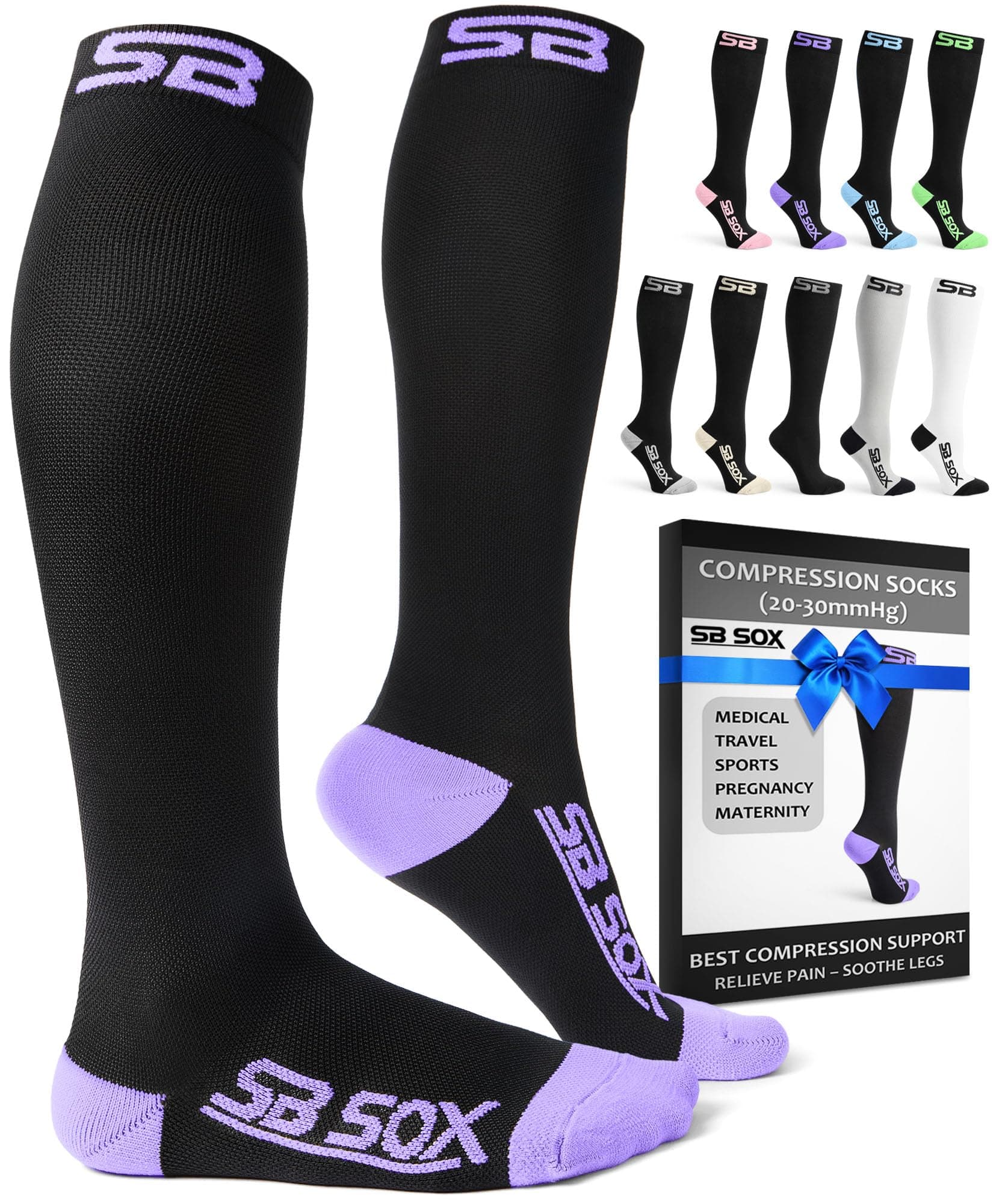 Compression Socks (20-30mmHg) for Men & Women – Best Compression Socks for All Day Wear, Better Blood Flow, Swelling! (Large, Black/Purple)