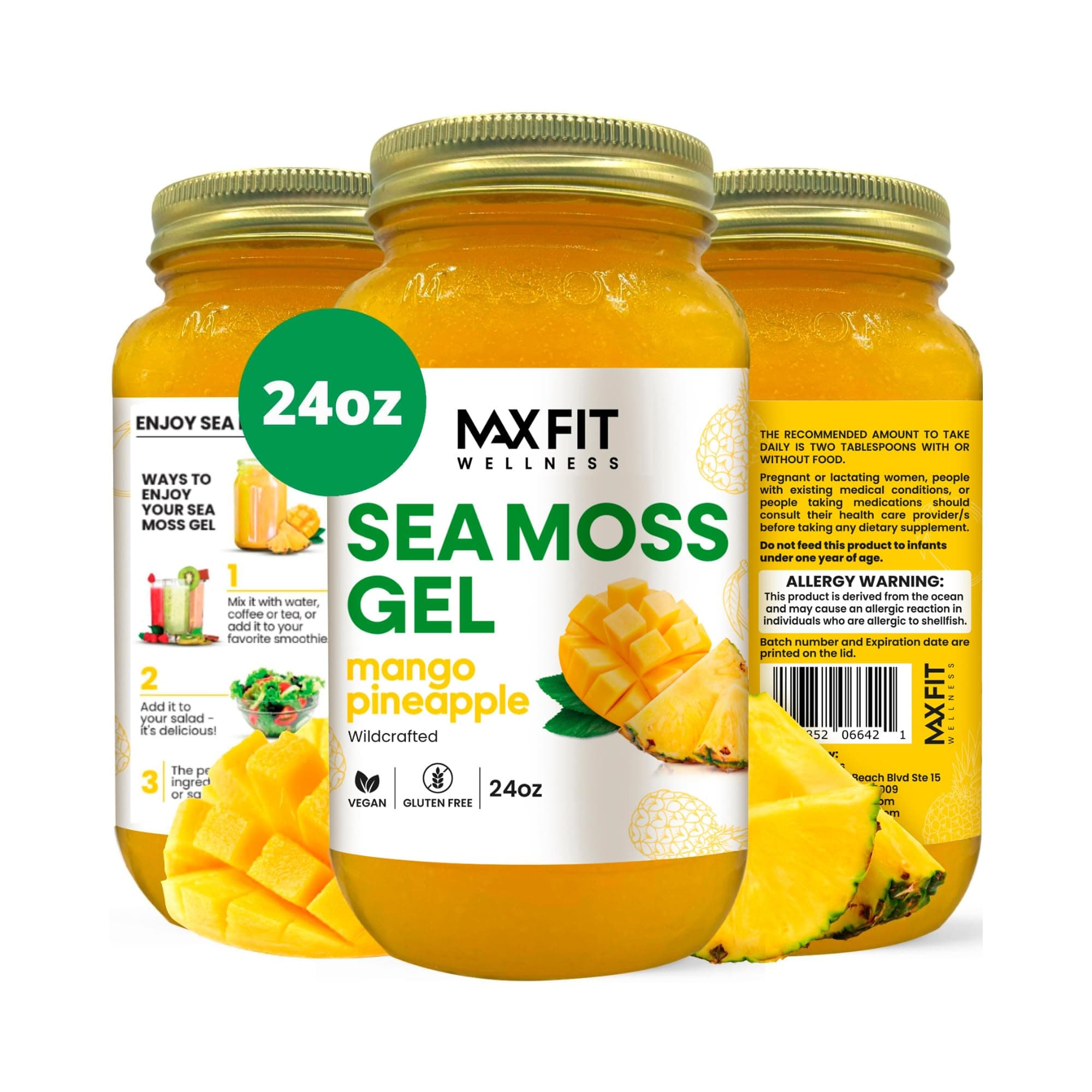 MAX FIT Sea Moss Gel Raw (12 Flavors) 24oz Wildсrafted Gold Sea Moss Gel from Saint Lucia | 92 Vitamins and Minerals | Pure Raw+Non-GMO | Vegan Superfood