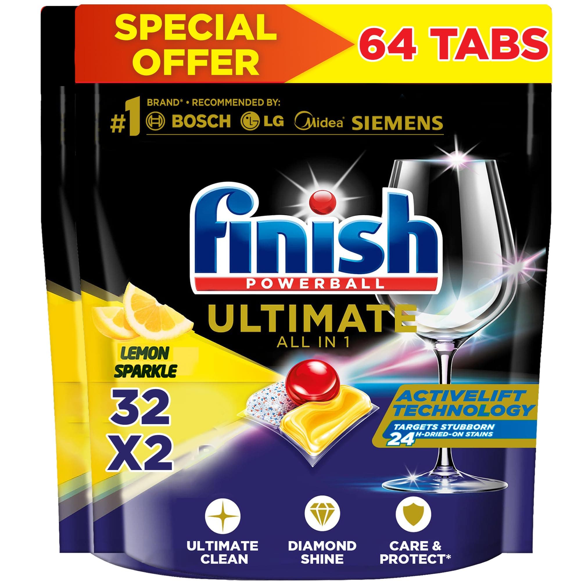 Powerball Ultimate All in One Dishwasher Detergent, Lemon Sparkle Scent, 32 Tabs x 2