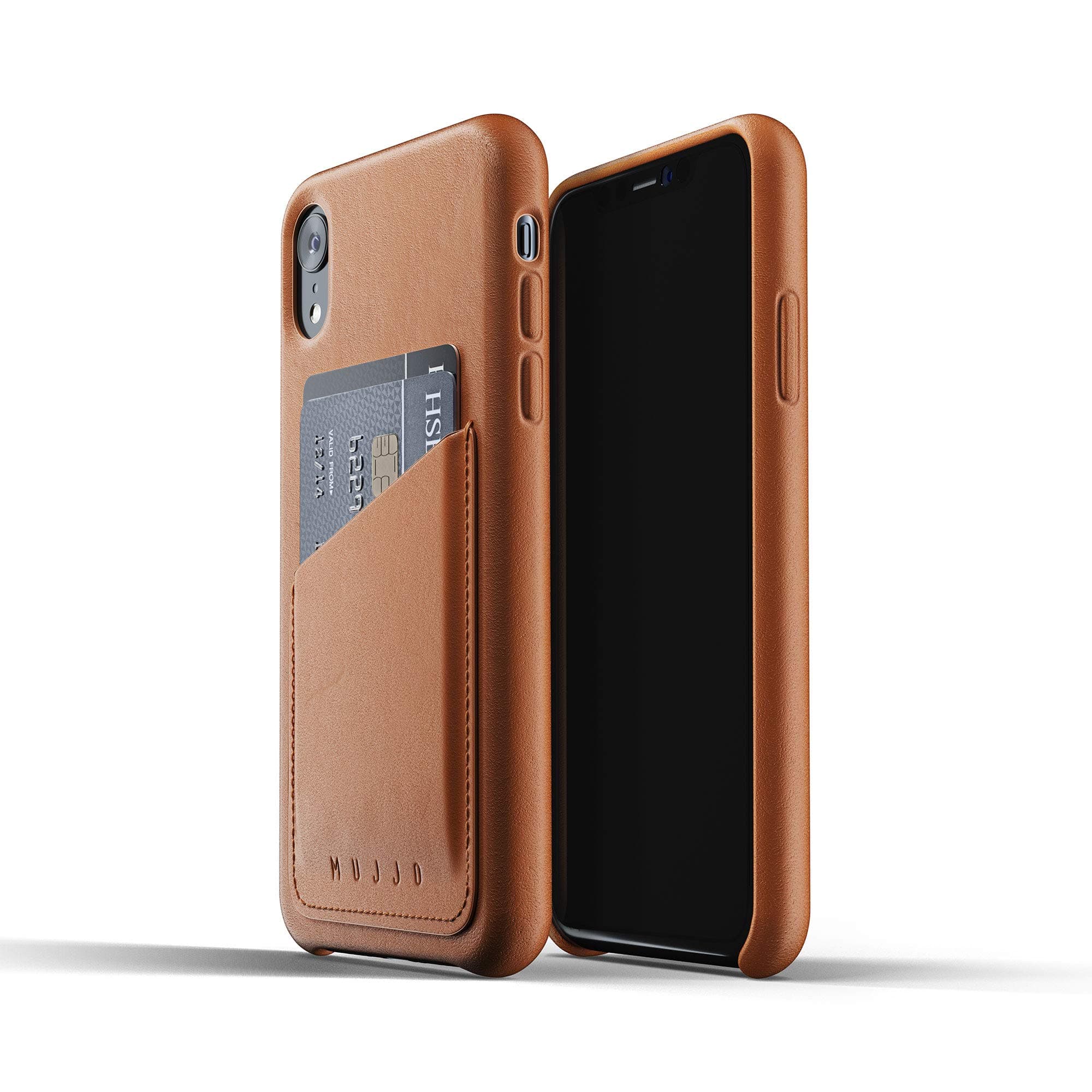 Mujjo Full Leather Wallet Case for iPhone Xr | Premium Genuine Leather, Natural Aging Effect | Leather Pocket for 2-3 Cards, Wireless Charging (Tan)