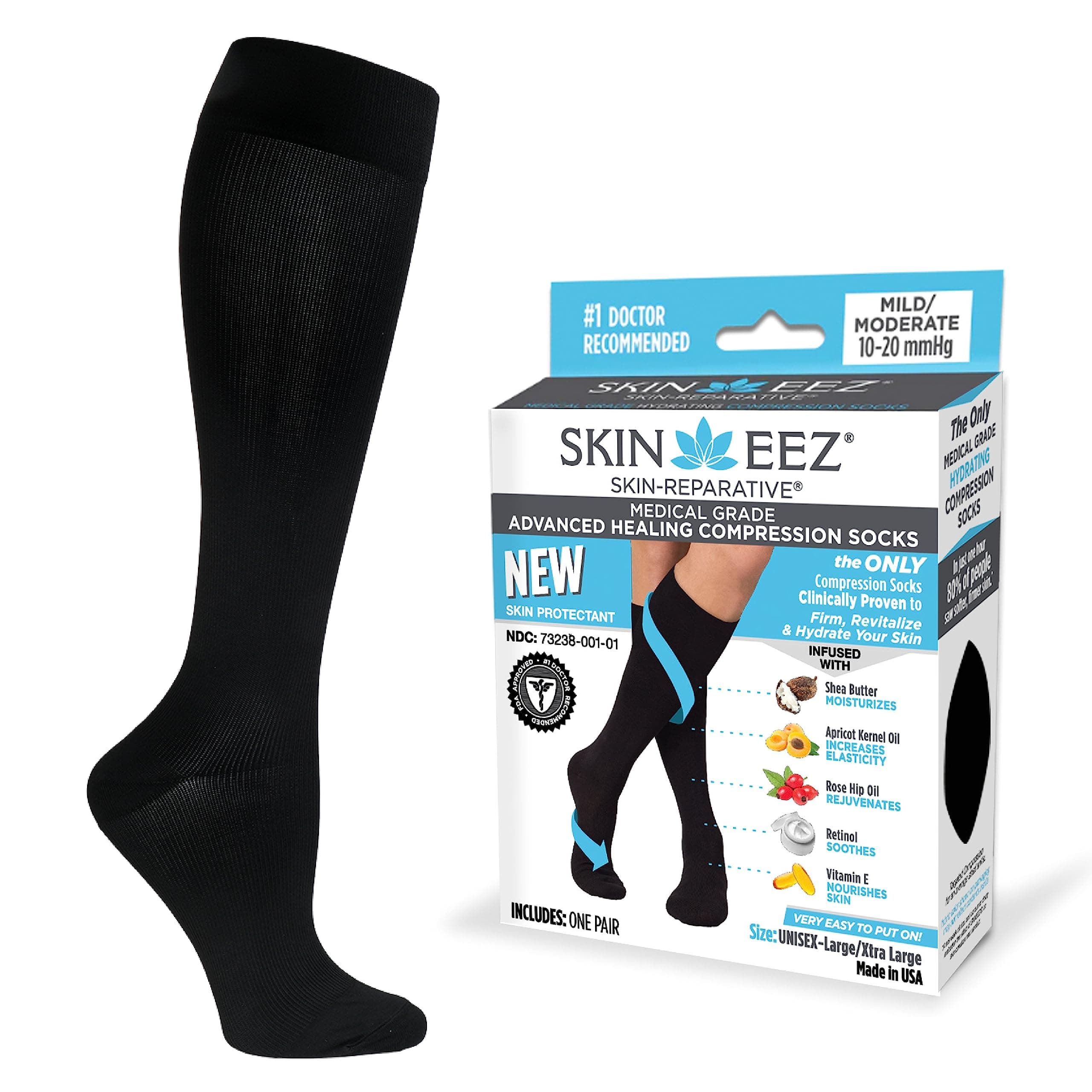Skineez Skin-Repartive Medical Grade Hydrating Compression Socks 10-20 mmHg L/XL Black