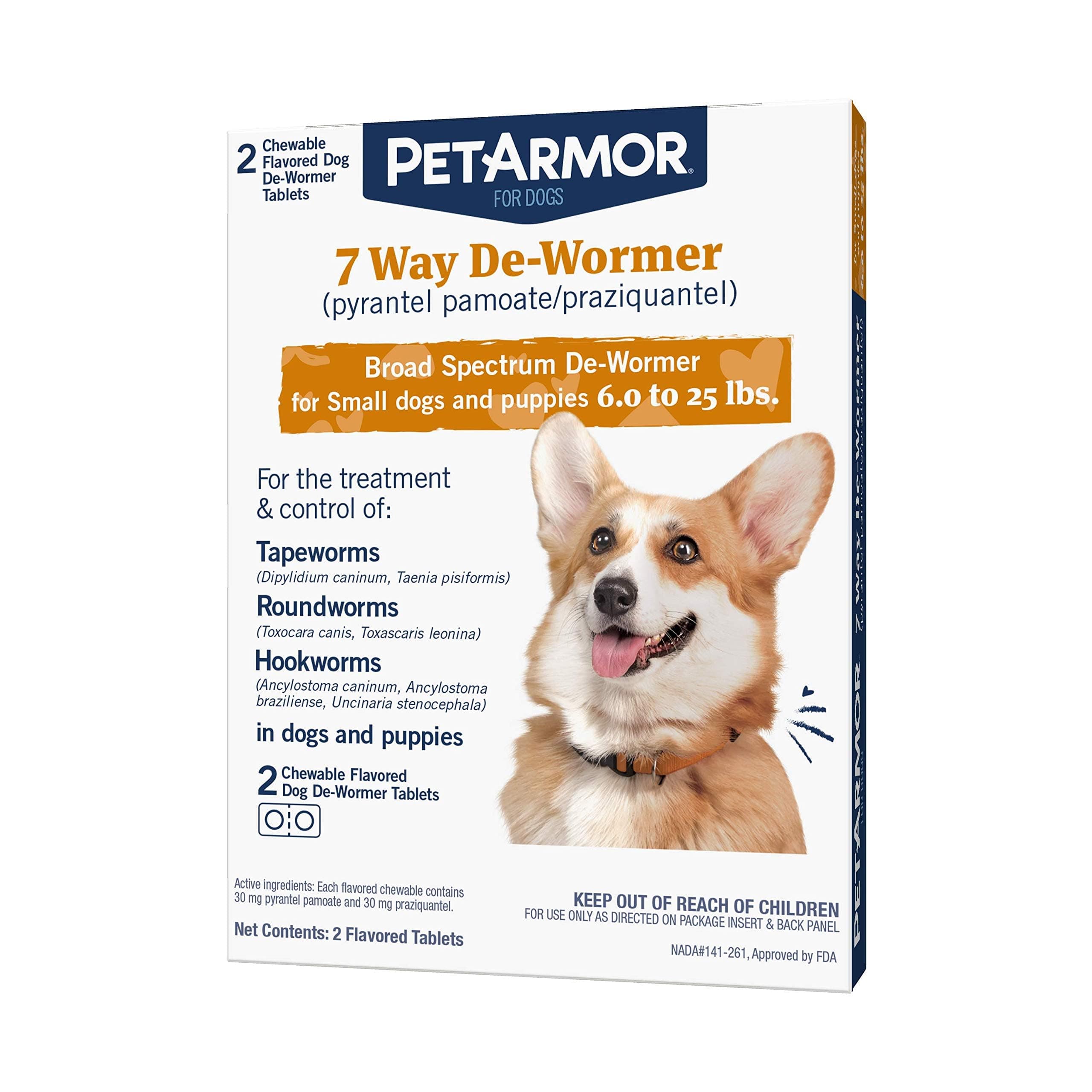 PetArmor 7 Way De-Wormer for Dogs, Oral Treatment of Tapeworm, Roundworm & Hookworm, Dewormer for Puppies & Small Dogs (6-25 lbs), Worm Remover (Praziquantel & Pyrantel Pamoate), 2 Flavored Chewables