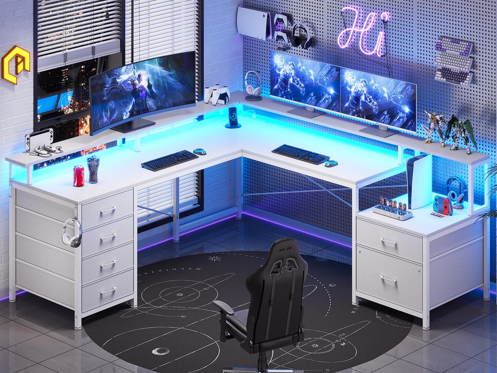 SEDETA L Shaped Desk with 6 Drawer, 108" Home Office Desk with File Drawer & Power Outlet, Corner Computer Desk with Monitor Shelf, File Cabinet, Two Person Desk, Gaming Desk with Led Lights, White