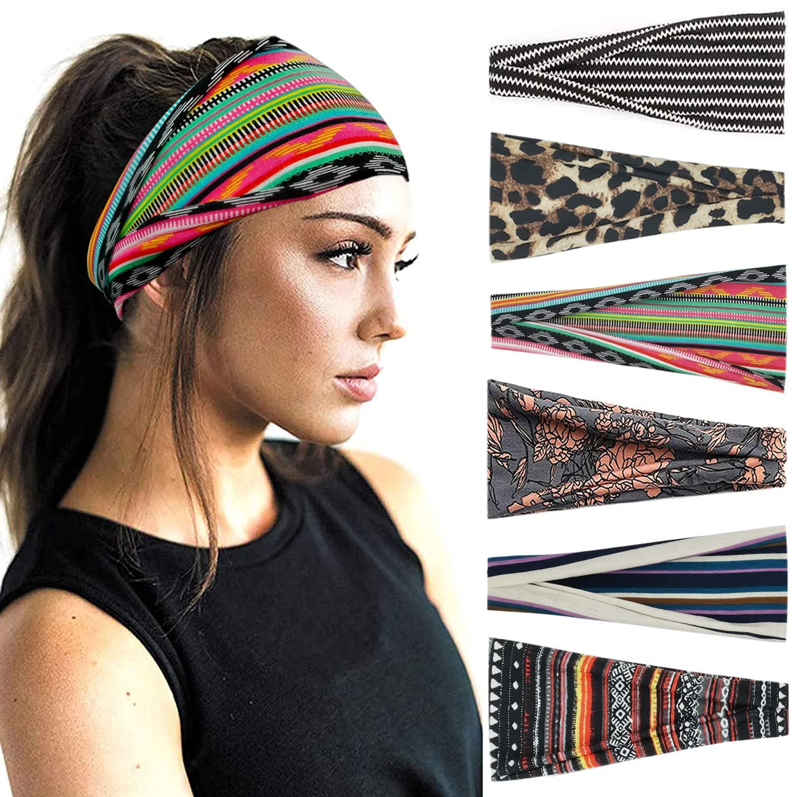 YONUFBoho Headbands For Women Fashion Wide Headband Yoga Workout Head Bands Hair Accessories Band 6 Pack