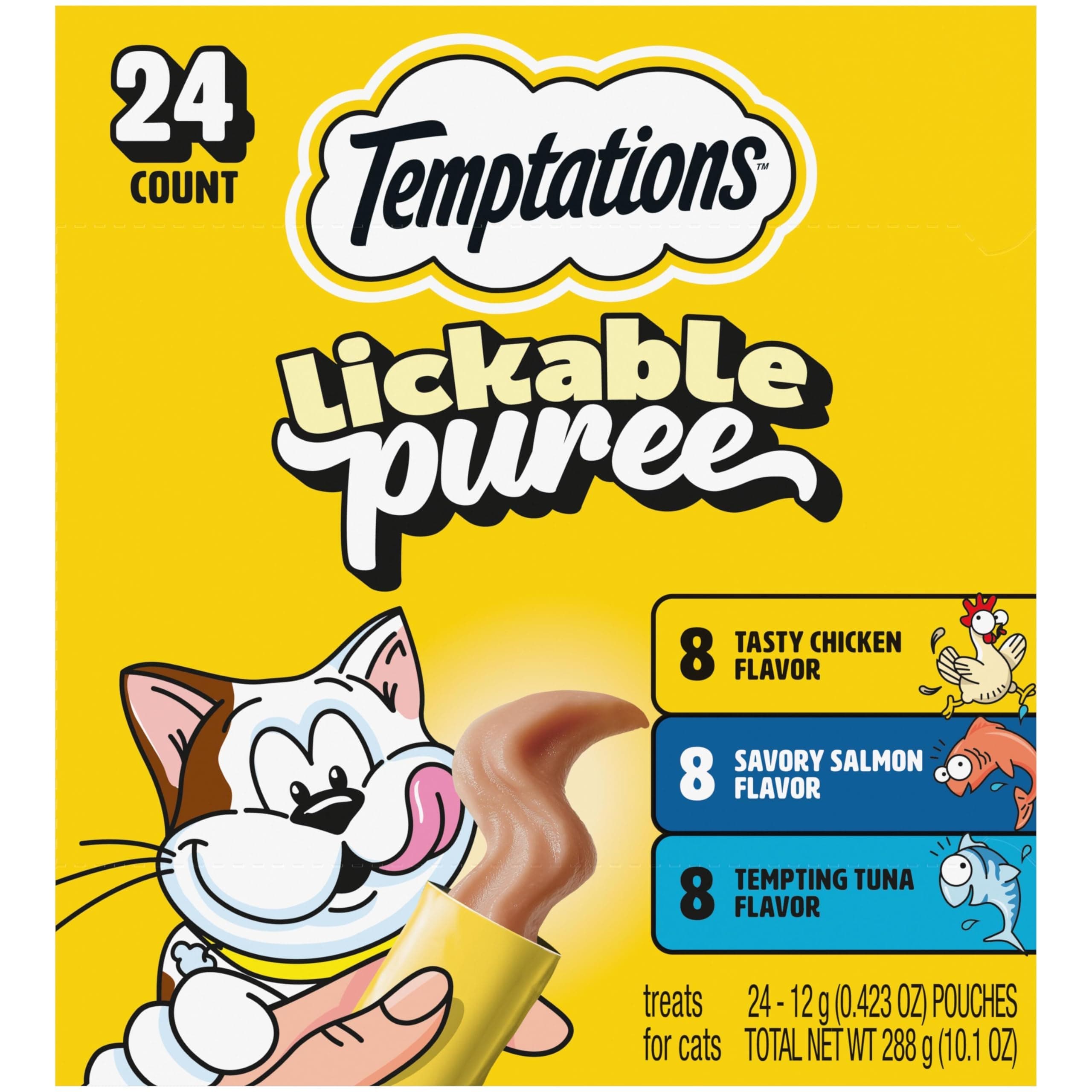 Creamy Puree with Chicken, Salmon, and Tuna Variety Pack of Lickable, Squeezable Cat Treats, 0.425 Oz Pouches, 24 Count