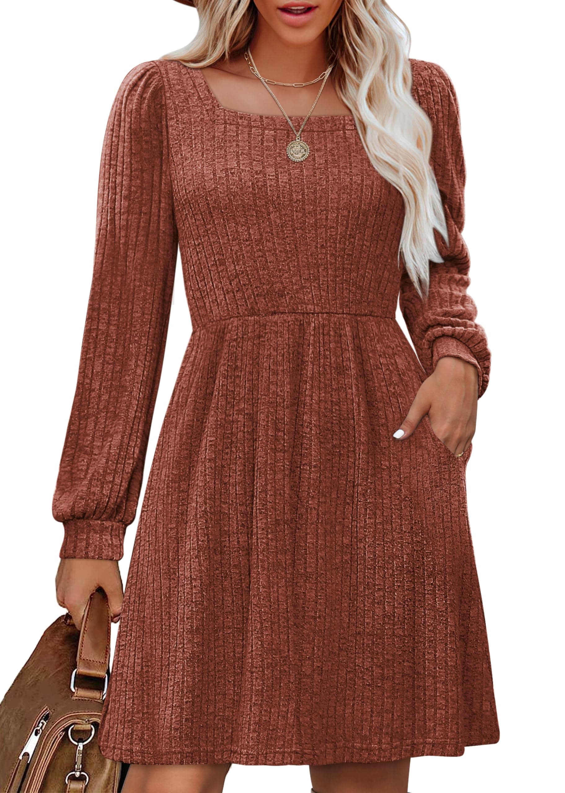 Womens Knit Sweater Dress with Pockets Square Neck Long Sleeve Dresses