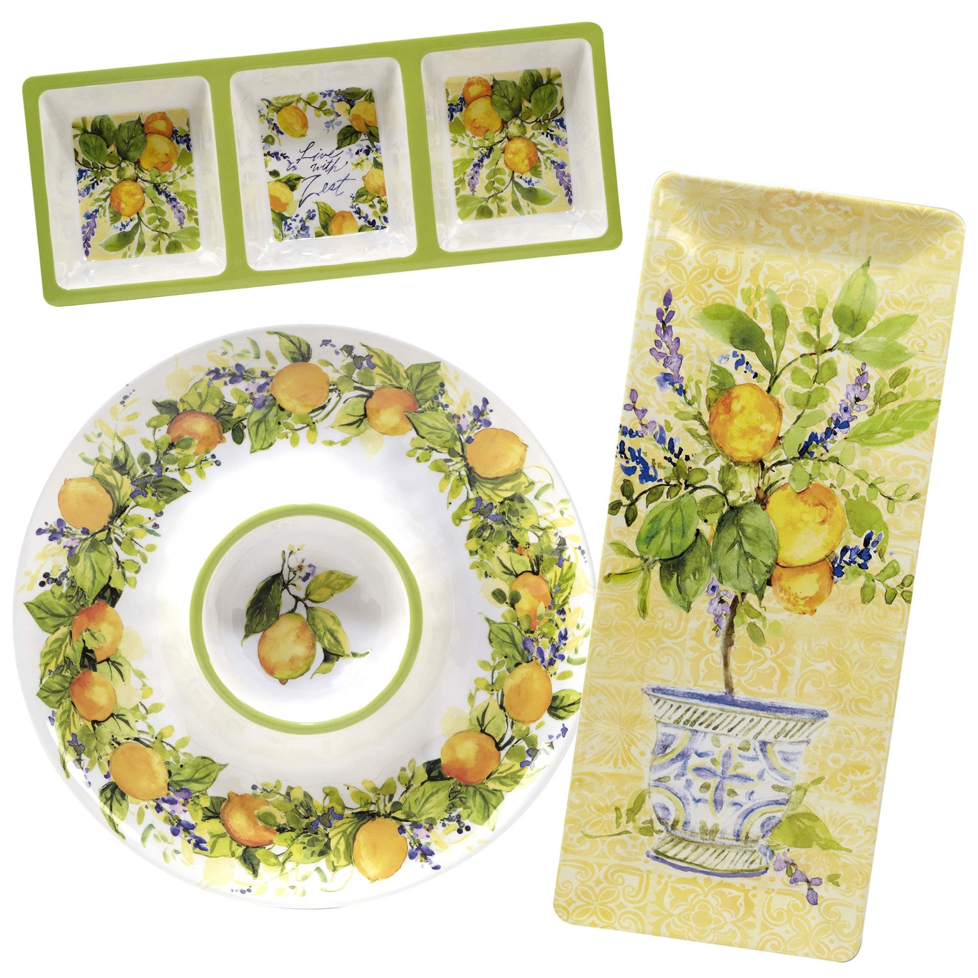 Lemon Zest 3-Piece Melamine Hostess Serving Set – Citrus-Inspired Durable Tableware for Chips & Dip, Tapas, Fruit, Appetizers, Dessert, BBQ, Outdoor Entertaining & Summer Dining