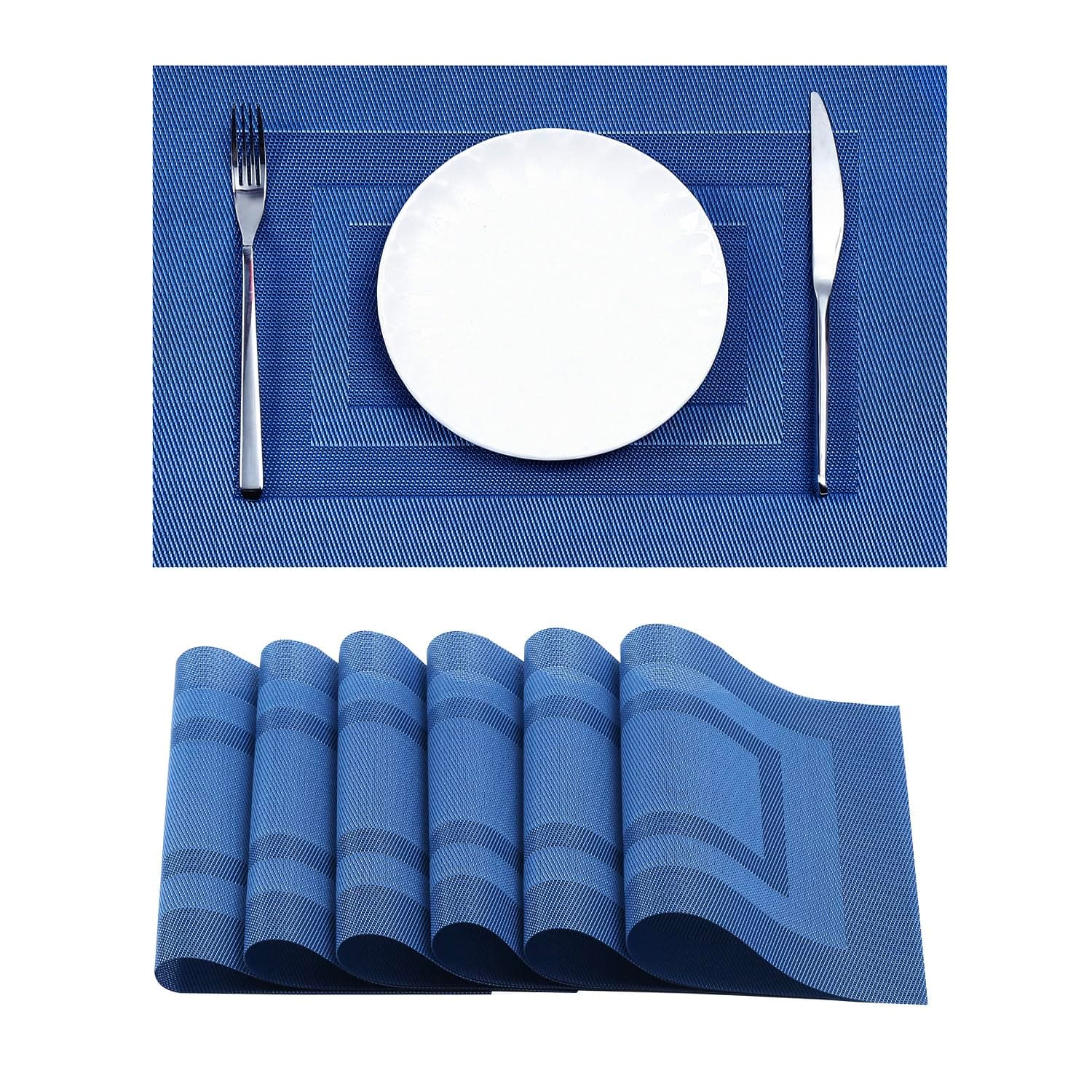 Blue Frame Placemats Set of 6 - Heat Resistant Non-Slip Place mats for Dining Table, Washable Durable PVC Vinyl Woven Table Mats（Blue Frame, 6）