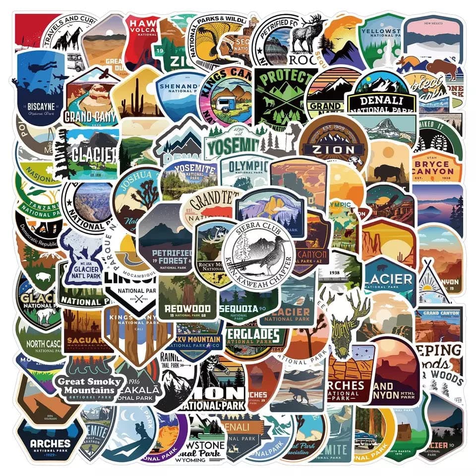 National Park Sticker Pack Set (100 pcs) | Adventure Nature Outdoors Hiking Camping Skiing Travel Stickers | Cool Suitcase Stickers Decals for Car Bumper Luggage, Laptop, Water Bottle, Phone Case