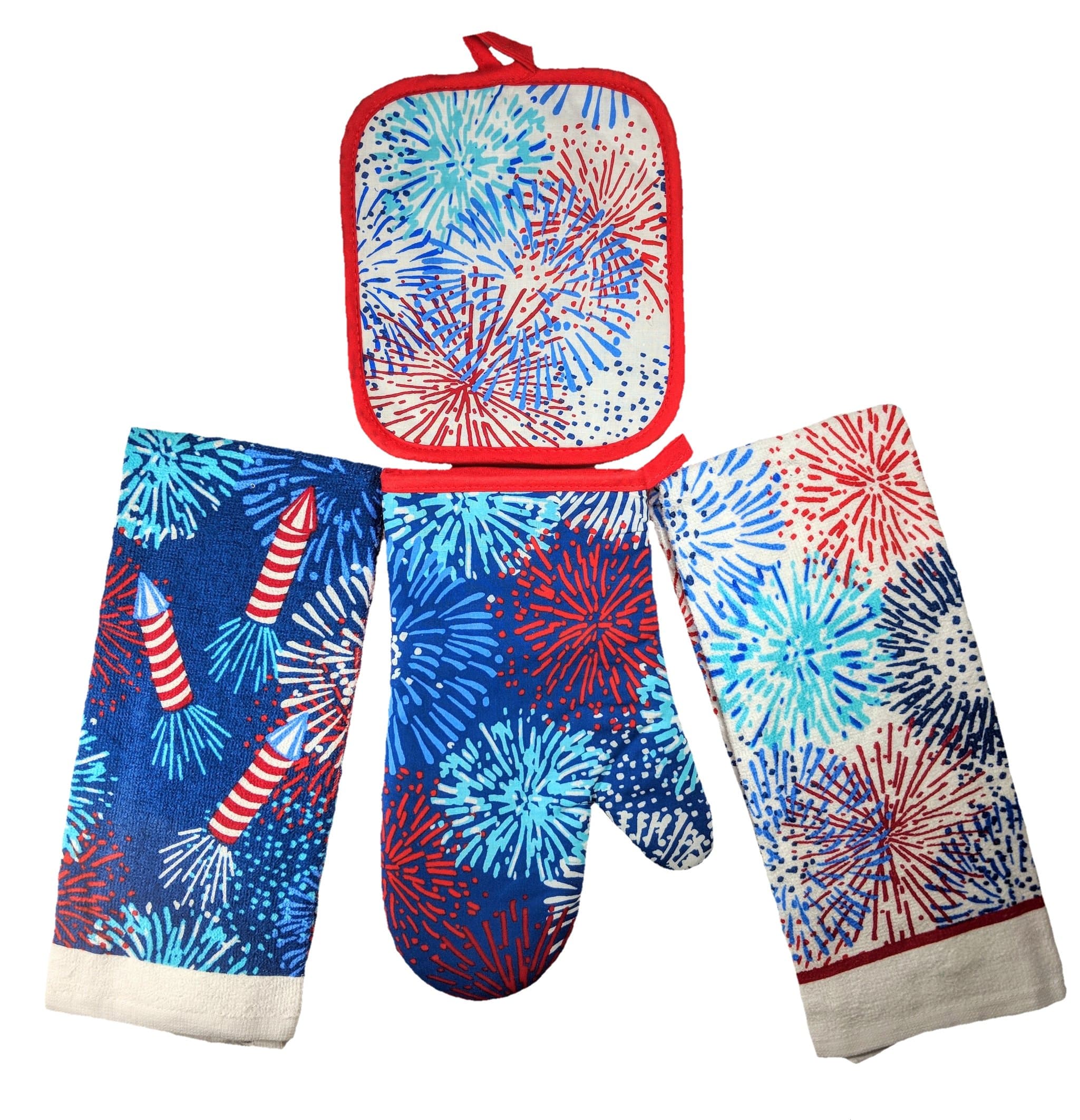 Summer Fun Products Mainstays 4 Piece Kitchen Bundle - Pot Holder, Oven Mitt, 2 Dish Towels - Fun Design (Fireworks)