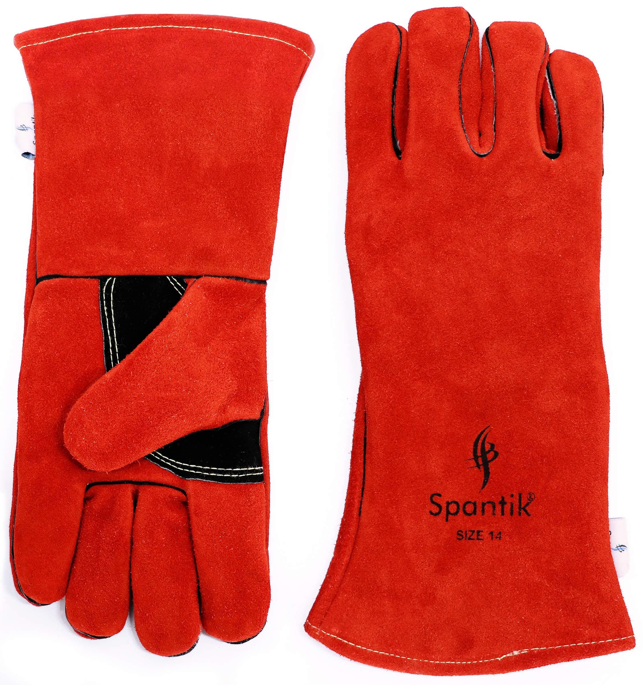Spantik Genuine Cowhide Leather Welding Gloves 16 Oz 14 Inch | Best for Stick Welding, Mig, OxyAcetylene Professionals Forge Heat Fire Resistant BBQ Grilling Oven Mitts Fireplace Camping Furnace