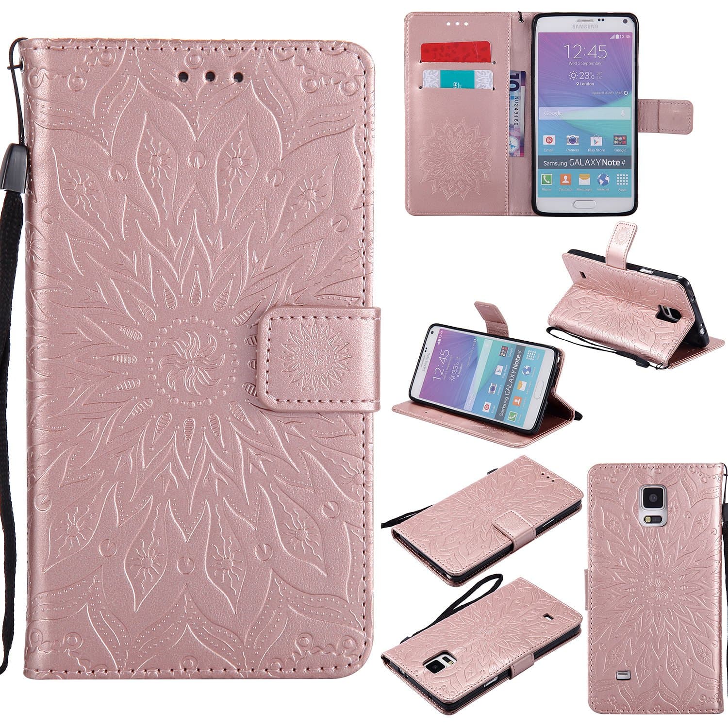 A-slim Galaxy Note 4 Wallet Case, (TM) Sun Pattern Embossed PU Leather Magnetic Flip Cover Card Holders & Hand Strap Wallet Purse Case for Samsung Galaxy Note 4 - Rose Gold