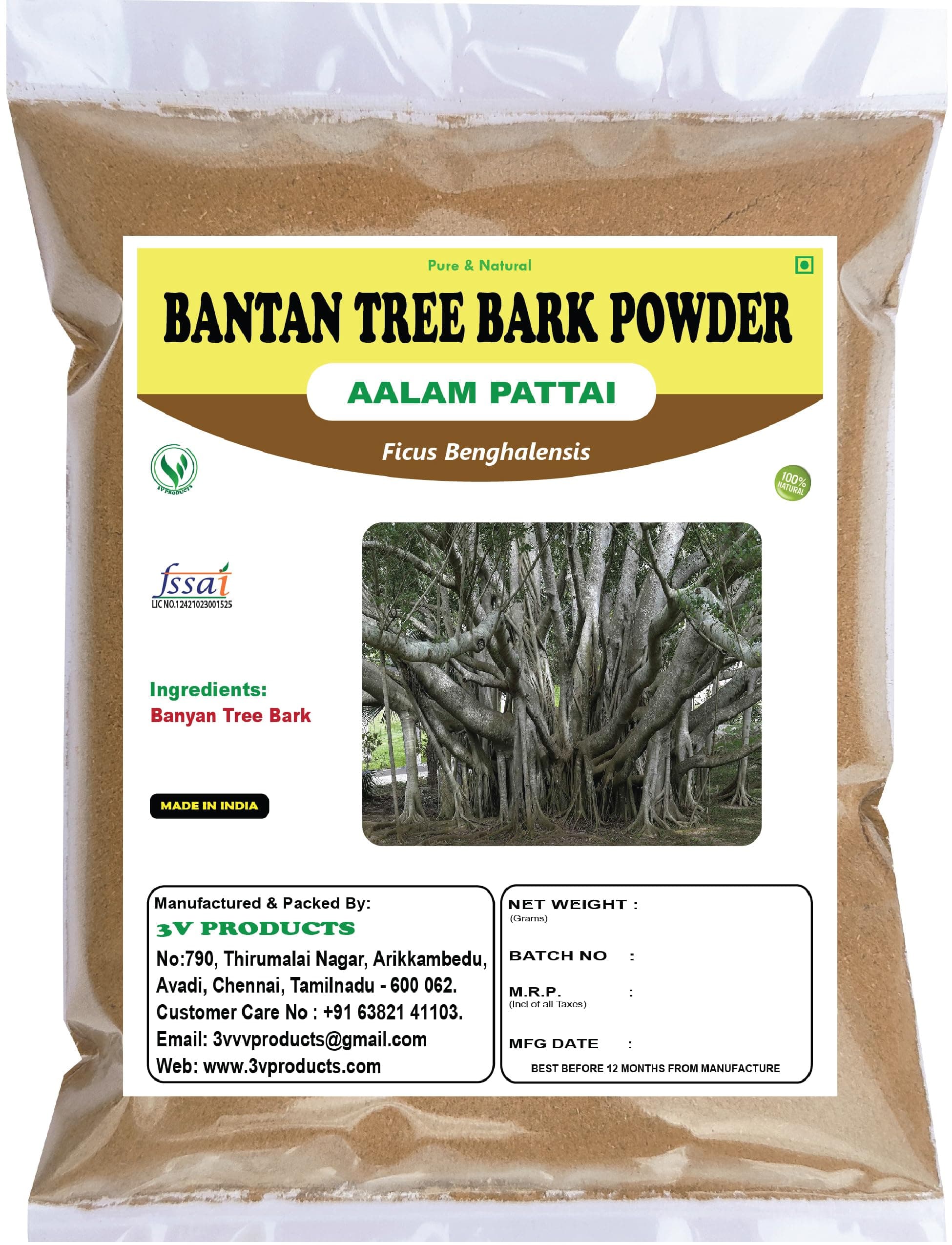 3V PRODUCTS Banyan Tree Bark Powder 100g | Aalam Pattai | Bargad Chaal | Marri Udala | Indian Fig | Ficus Benghalensis Bark