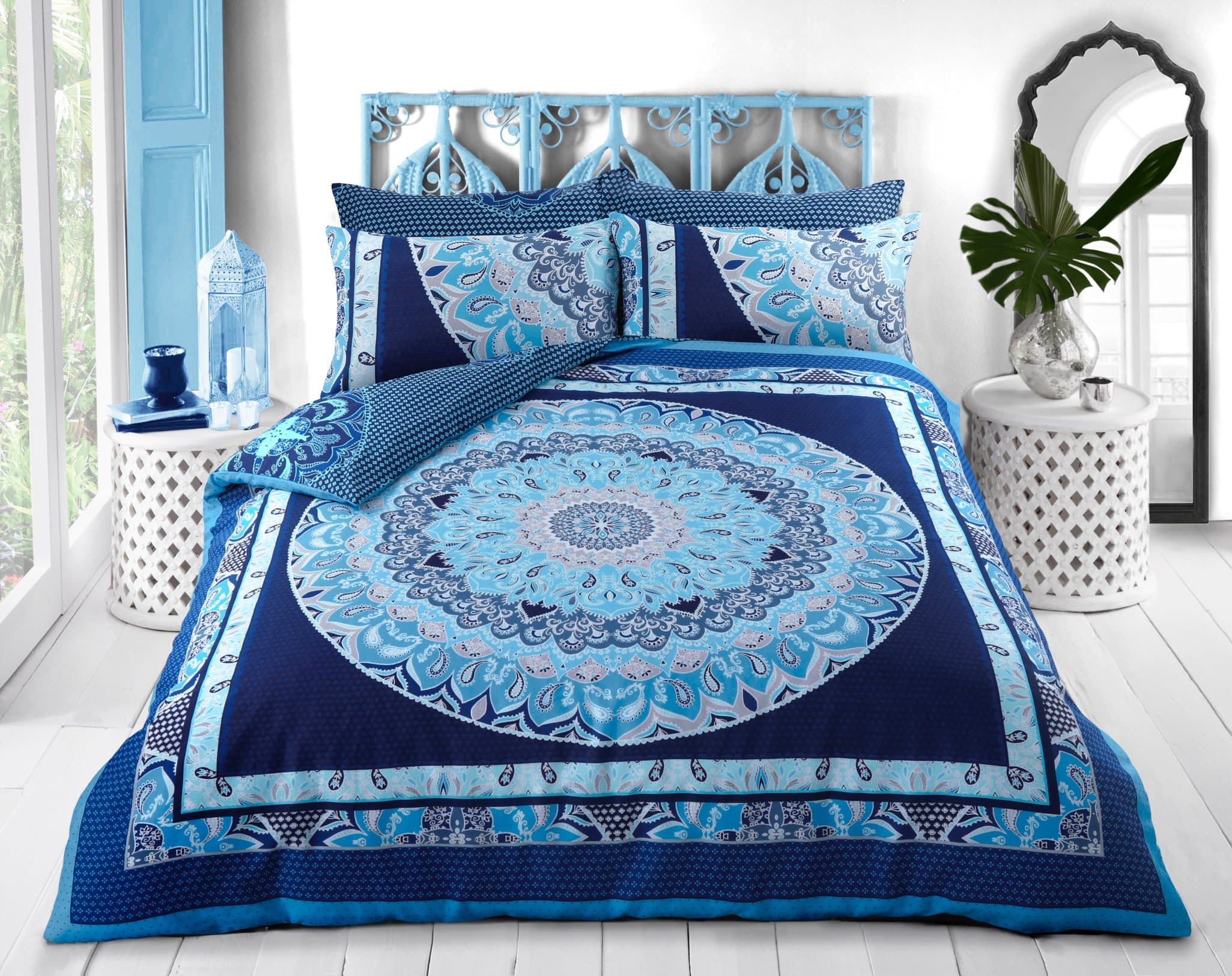 STYLELIVING @ PAISLEY POLY COTTON REVERSIBLE NEW DUVET QUILT COVER SET BEDDING SET + PILLOW CASES SINGLE DOUBLE KING SUPER KING (Paisley_Mandala_Blue, Double)