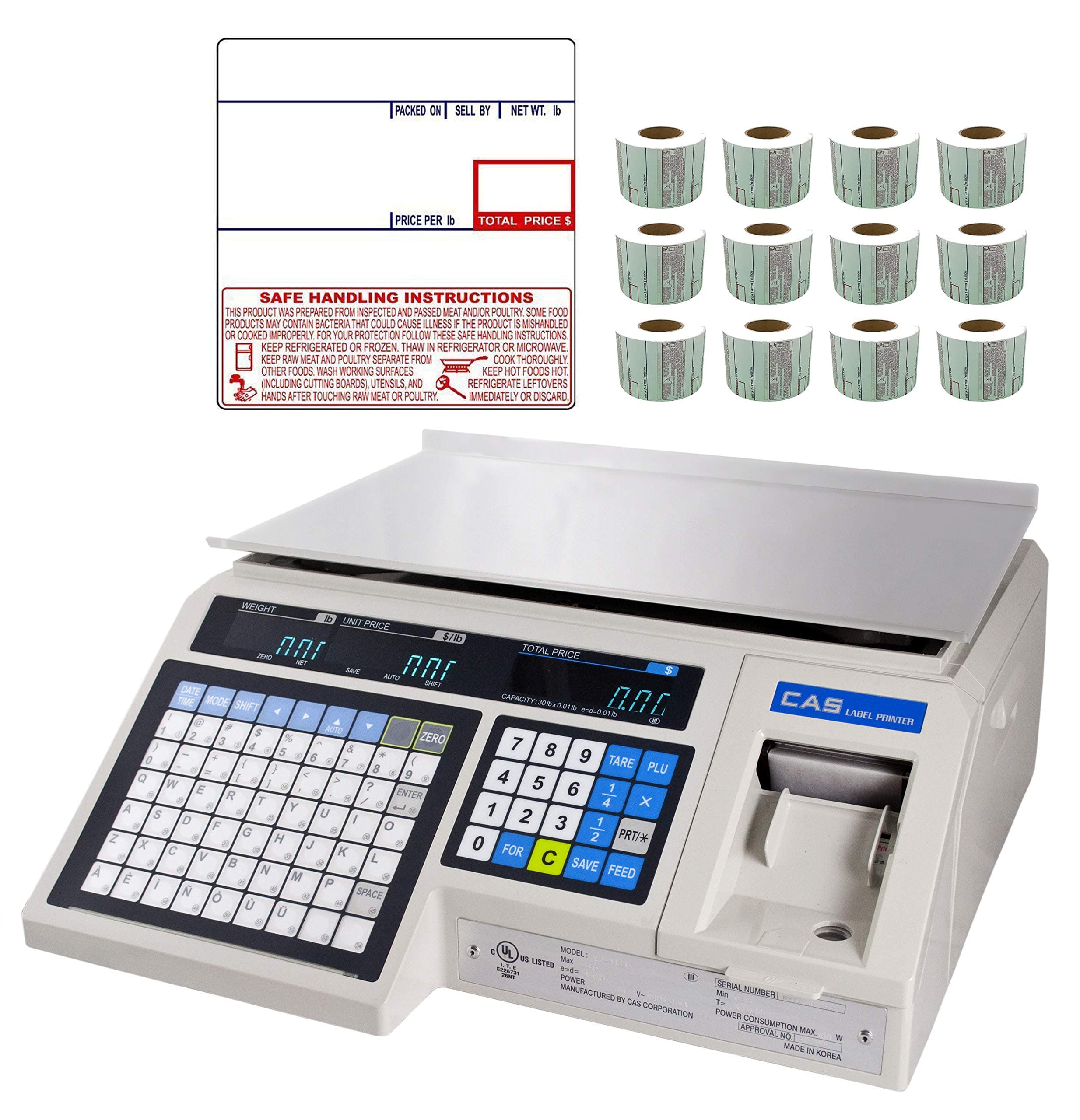 CASLP-1000N Label Printing Scale Legal for Trade , 30 x 0.01 lb with a FREE 1 case CAS LST-8040 UPC/Safe Handling Label, 58 x 60 mm