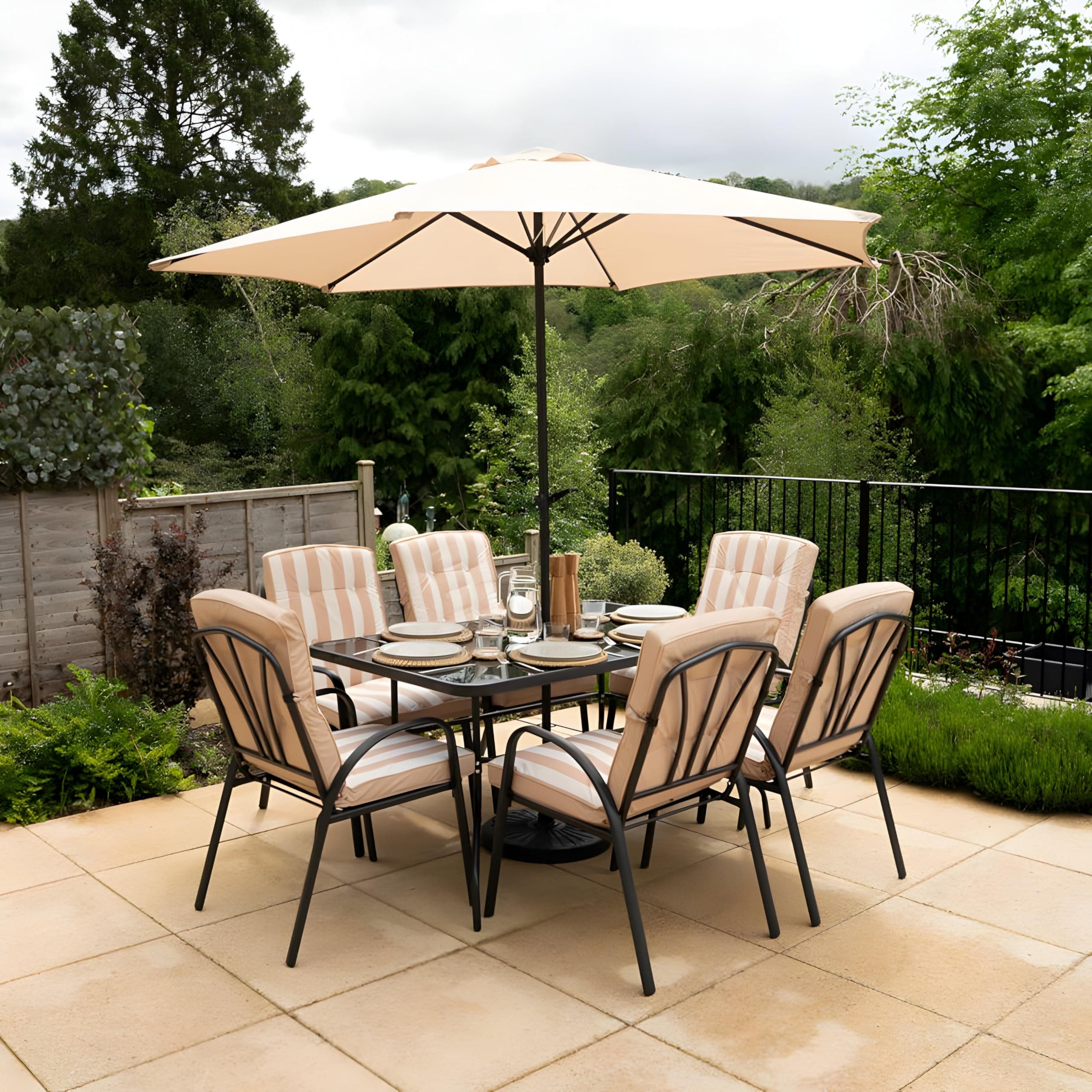 Hectare 6 Seater Metal Garden Furniture Outdoor Dining Set with Table and Parasol in Beige Stripe