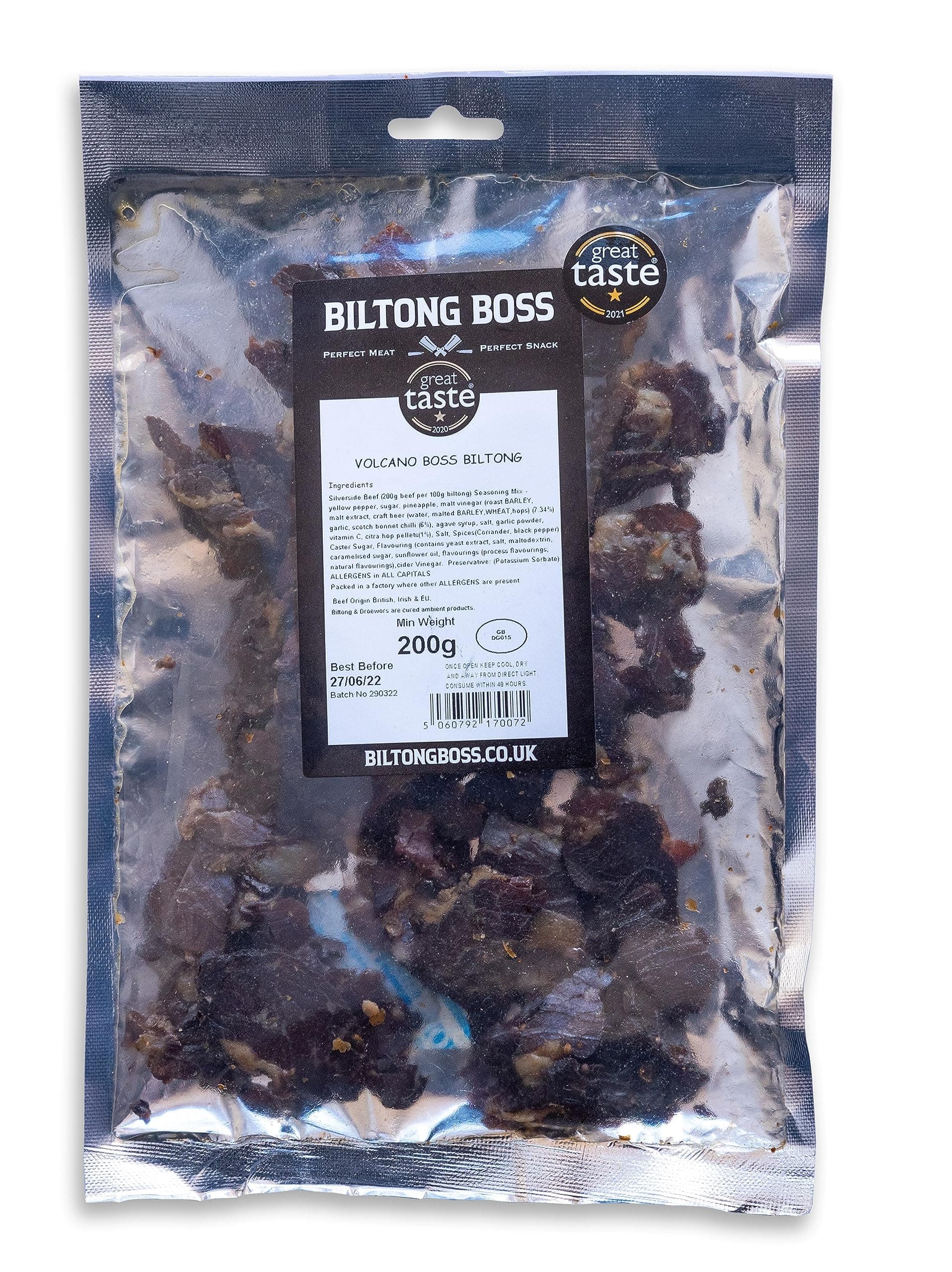 Volcano Boss Beef Biltong, Premium Beef, High Protein Ready To Eat Healthy Flavoured Meat Snack, Suitable For Paleo, Keto, Atkins Diets & Post-Workout, Low Sugar & Carbohydrates, 200g