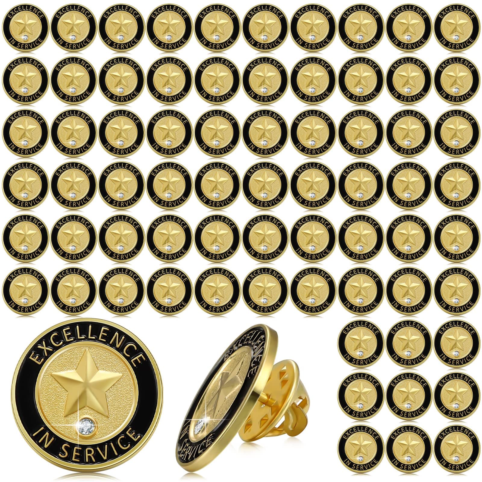 Crowye 72 Pcs Employee of The Month Lapel Pin Bulk Recognition Appreciation Gifts Employee Star Gold Plated Enamel Award for Employees Staff Team Volunteer Nurse Teacher(Excellence in Service)