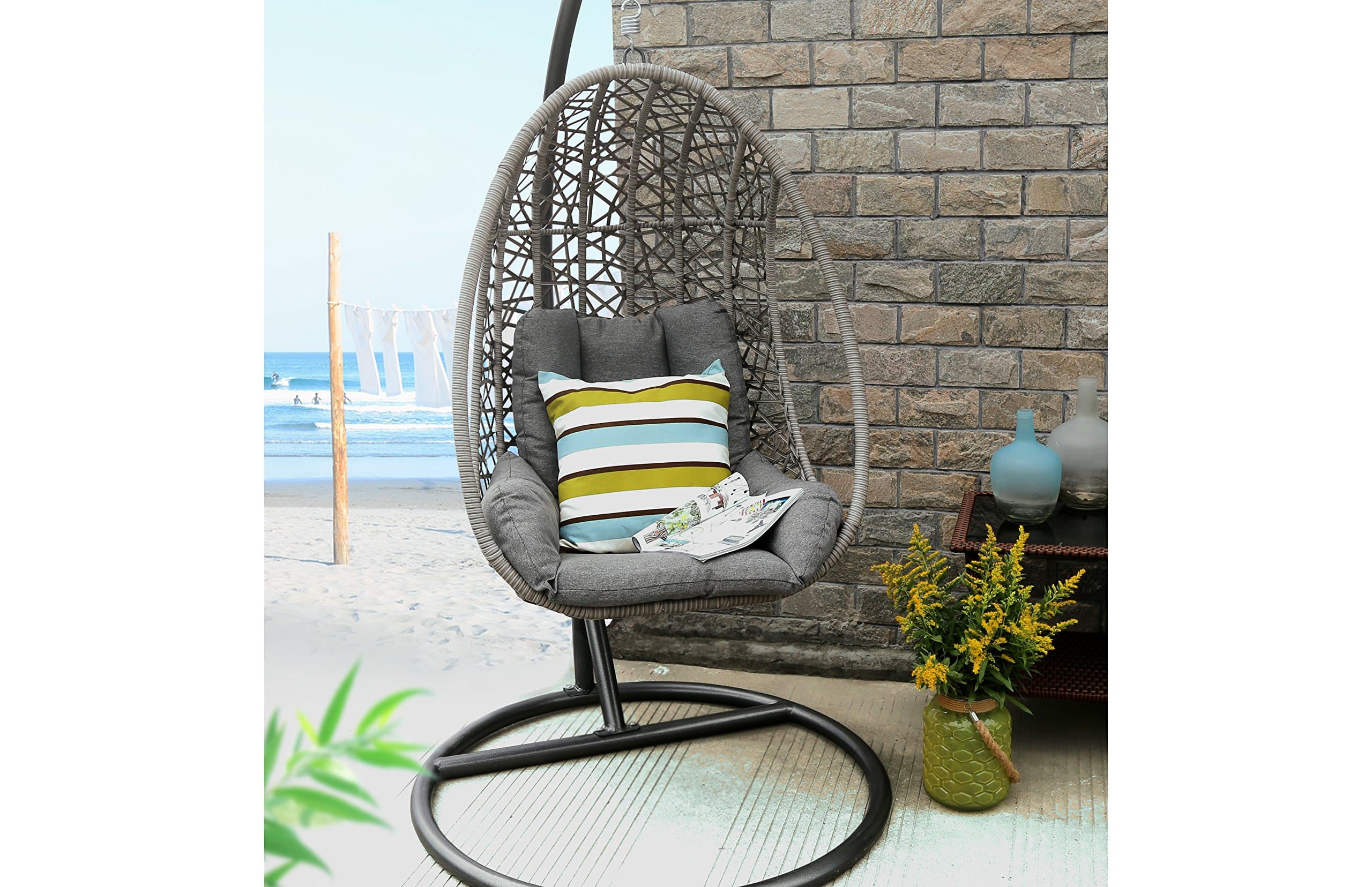 Oval Egg Hanging Patio Lounge Chair Chaise Porch Swing Hammock Single Seat Stand Wicker with Cushion, Full, Black