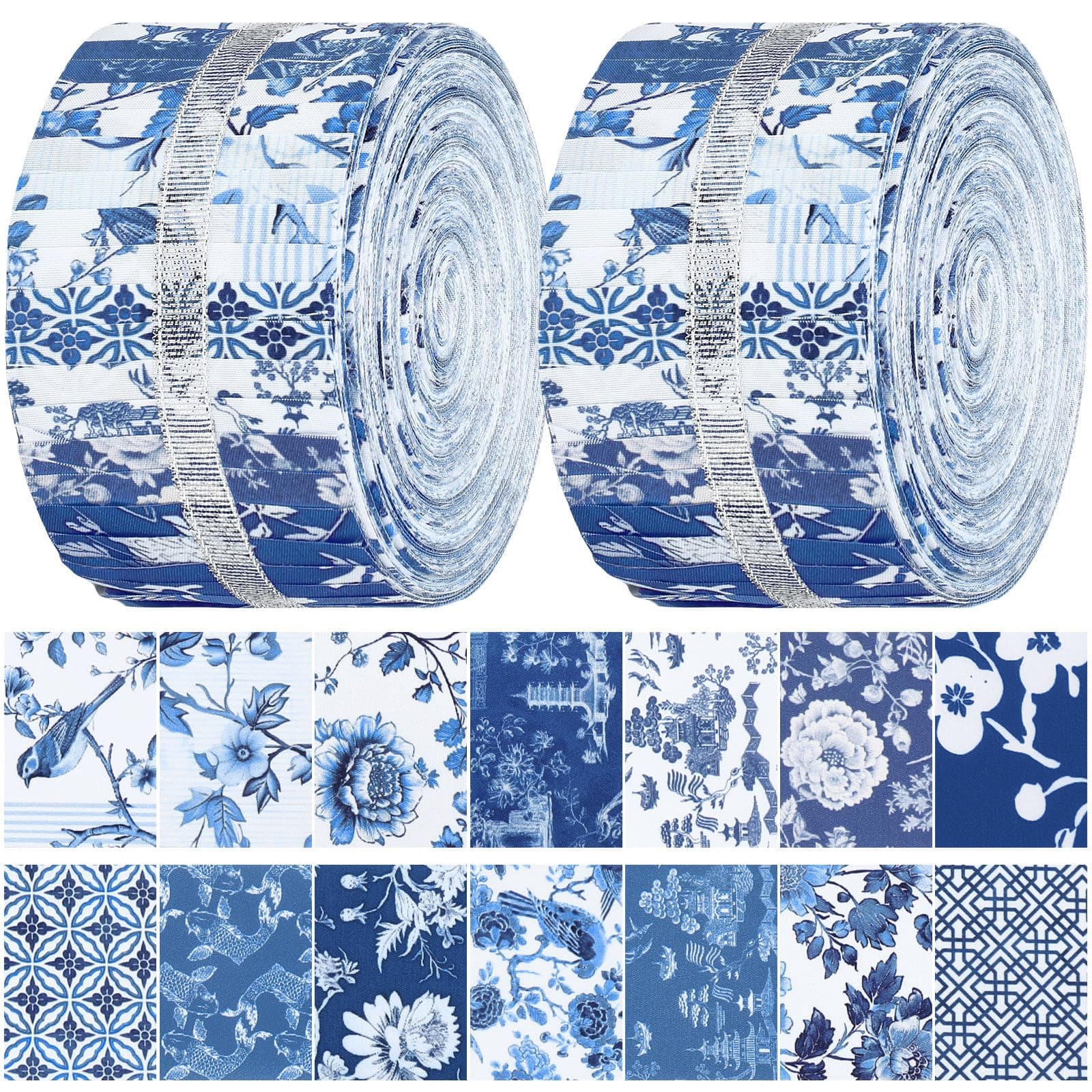 Hosuly 40 Pcs Blue and White Fabric Chinoiserie Jelly Fabric for Quilting Roll Chinese Graphic Porcelain Floral Quilting Strips 2.55 Inch Precut Bundle Roll for Rug Blanket DIY Craft Sewing Material