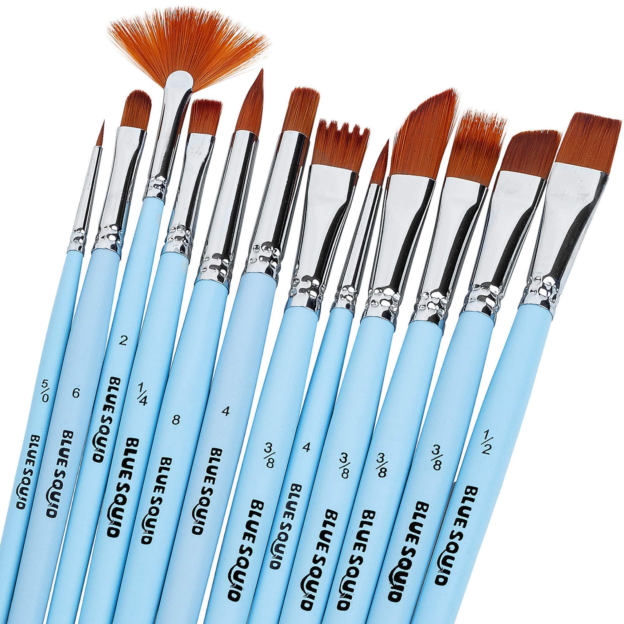 Blue Squid Watercolor Paint Brushes Set of 12 - Professional Artist Brush Set with Soft Synthetic Nylon Bristles - Art Brushes Ideal for Watercolor, Acrylic, Face & Body Painting for Kids to Adults
