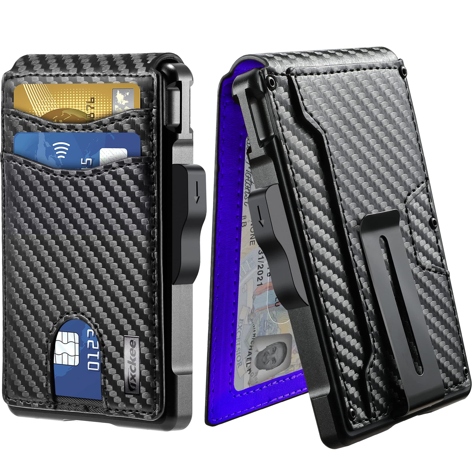 Wallet for Men - with Money Clip Slim Leather Slots Credit Card Holder RFID Blocking Bifold Minimalist Wallet (Carbon Black and Blue)