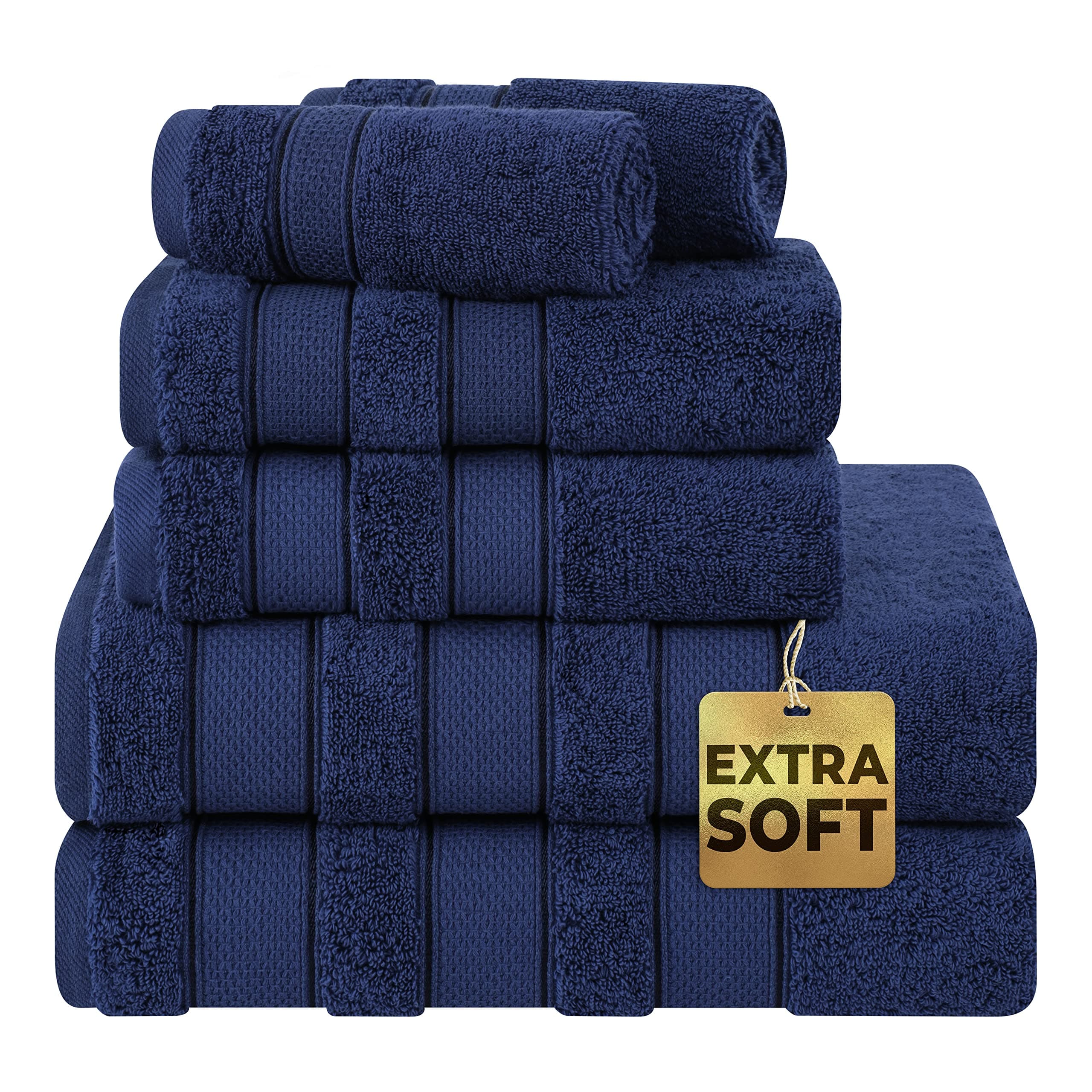 6-Piece Towel Set 100% Turkish Genuine Cotton Super Soft & Absorbent Luxury Hotel Quality 600 GSM Cotton Bathroom Towels, 2 Bath Towels, 2 Hand Towels, 2 Washcloths, Royal Navy Blue