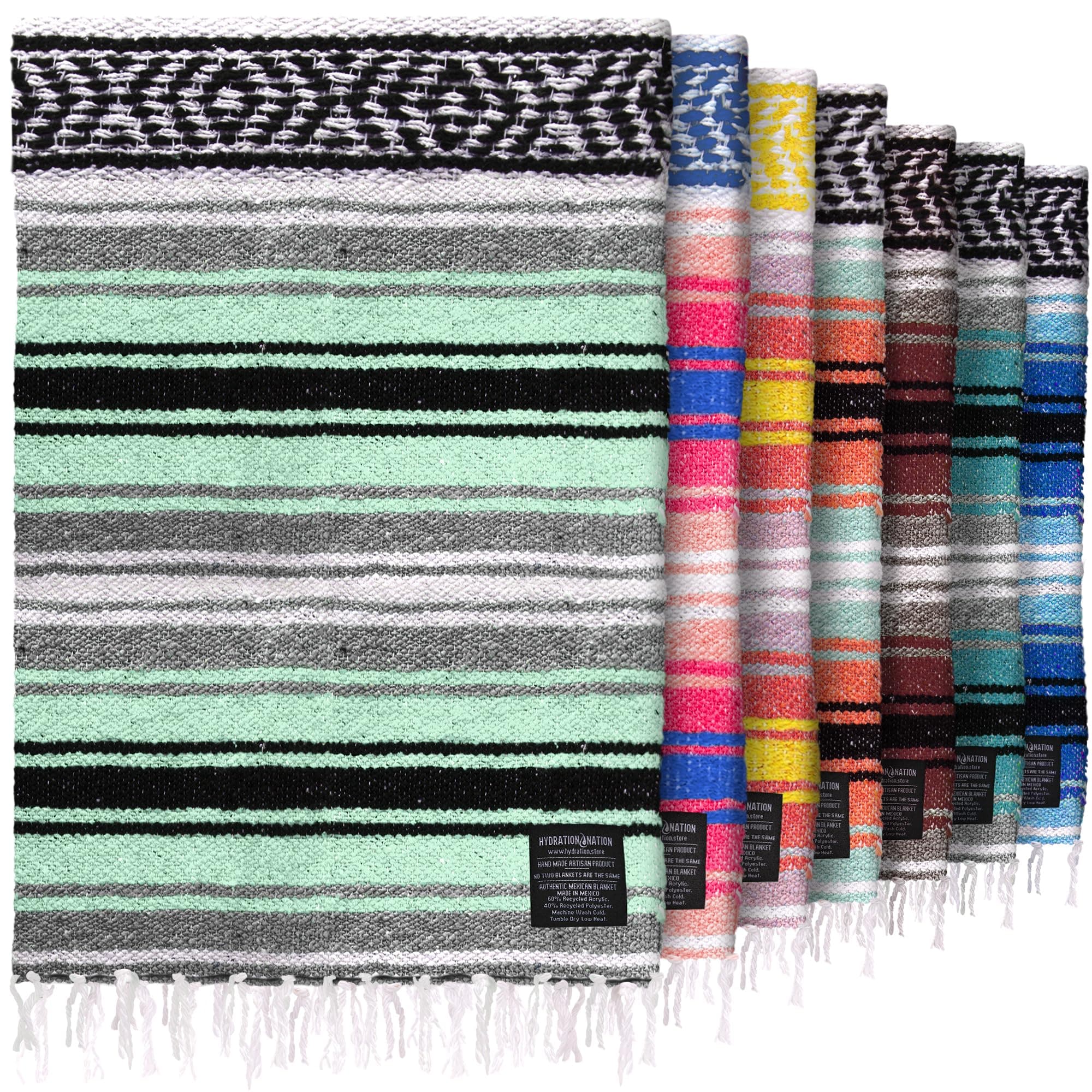 Hydration Nation Authentic Extra Large Mexican Blanket (70"x50") - Handwoven Yoga, Serape- Artisanal Falsa, Beach, Camping, Picnic, Outdoor (Aqua Green)