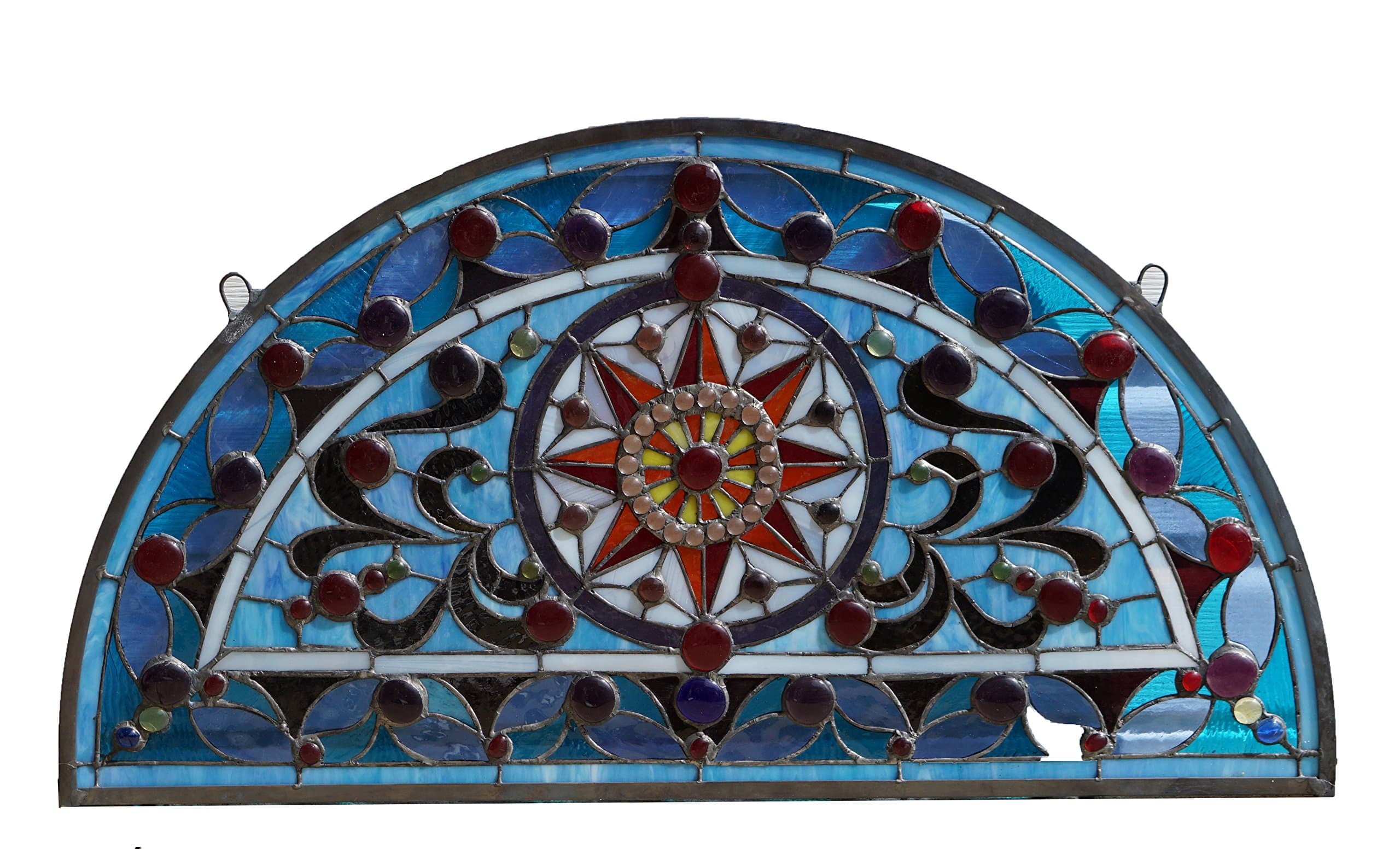 34" L x 18" H Half Round Tiffany Style Stained Glass Window Jeweled Glass Panel