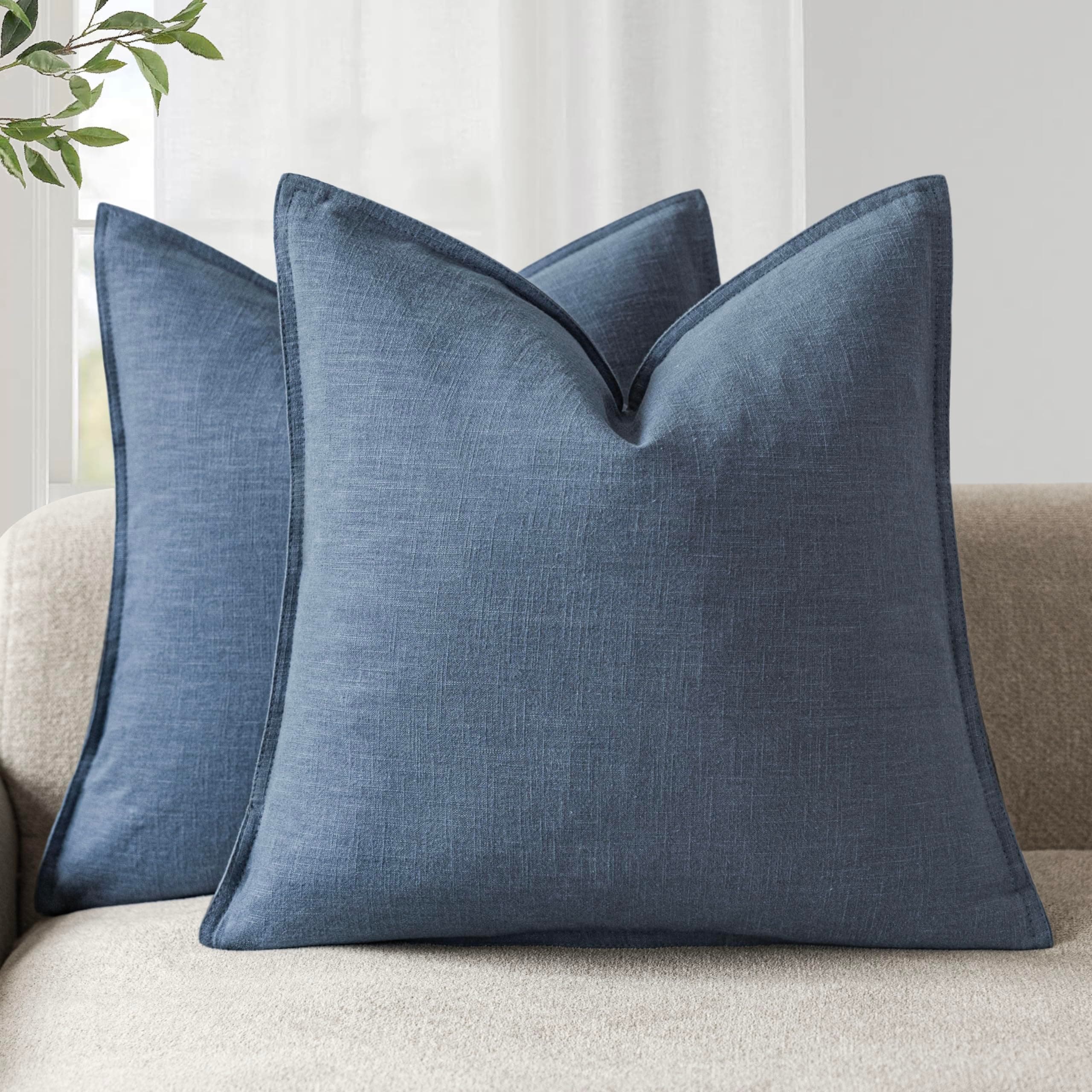 Pack of 2, Decorative Linen Soild Throw Pillow Covers Soft Accent Euro Cushion Case Farmhouse Neutral Pillowcase for Chair Couch Sofa Bedroom Living Room Home Decor 26 x 26 Inch Dark Blue