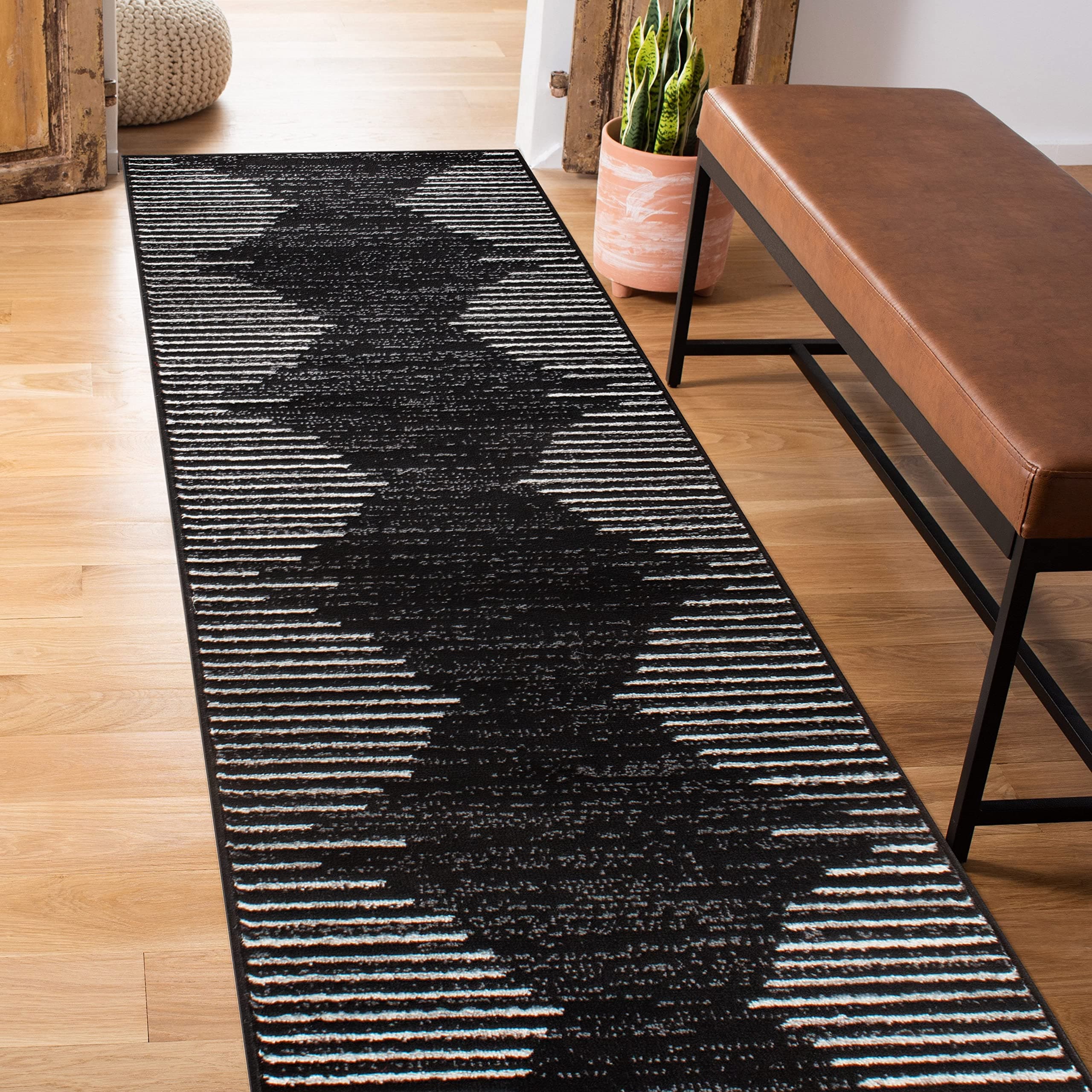 Bohemian Stripe Stain Resistant Carpet High Traffic for Hallway Entryway Living Room Kitchen Bedroom Laundry Runner Rug 2' x 7' Black