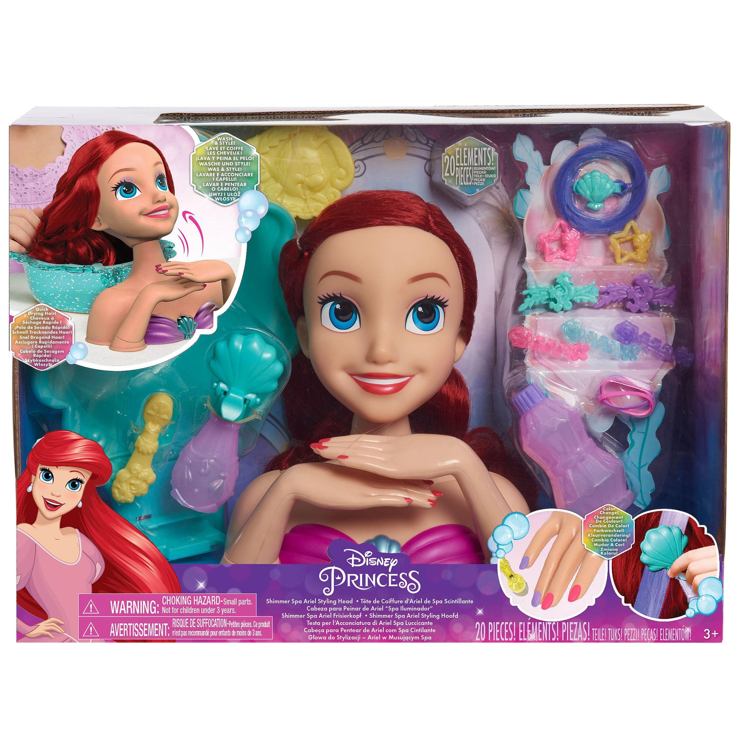 Disney Princess Shimmer Spa Ariel 8-inch Styling Head, 20-Pieces, Red Hair, Pretend Play, Kids Toys for Ages 3 Up by Just Play