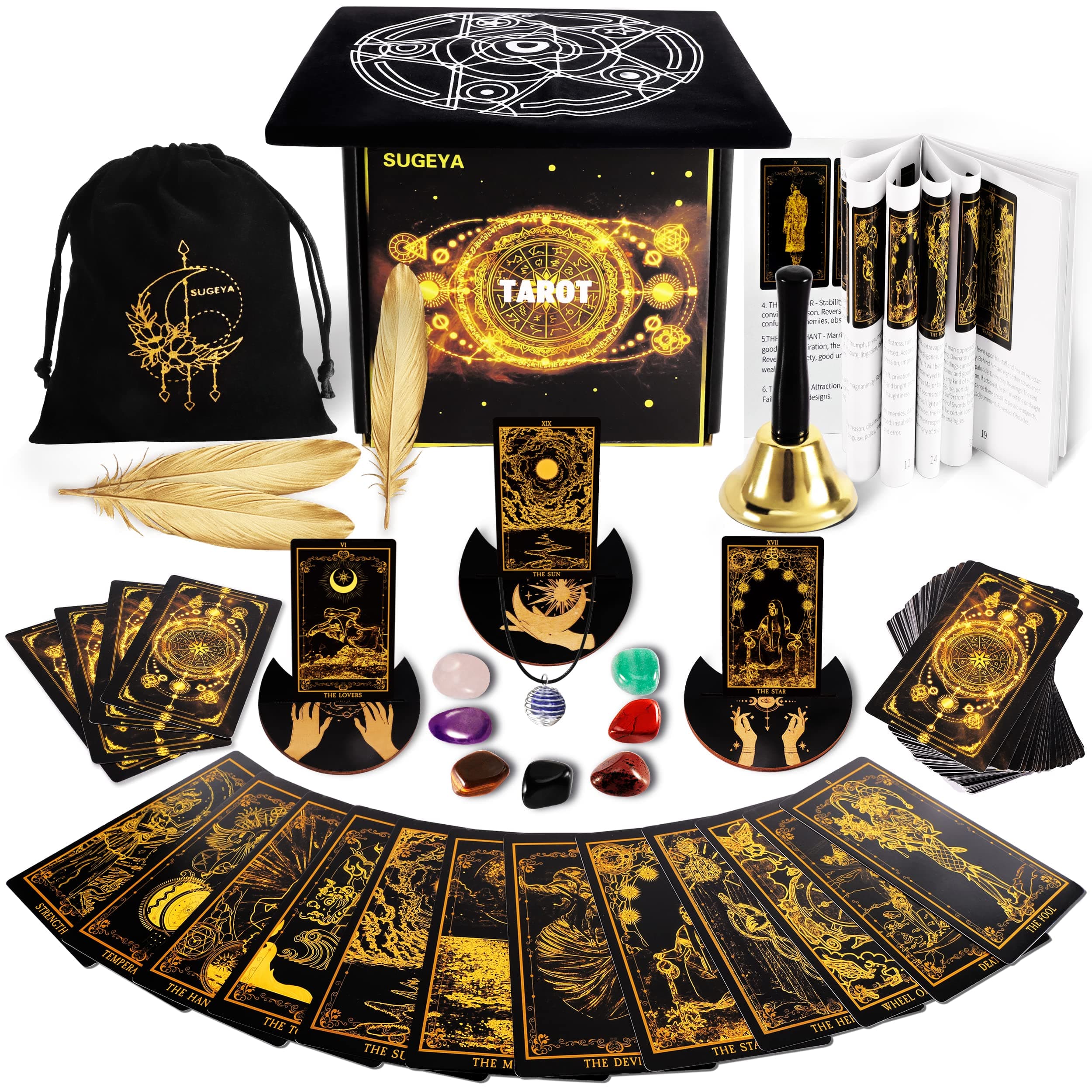 - 78 Tarot Cards with Guide Book, Black Tarot Deck Gift Set with Tarot Cloth, Chakra Stones and More, Tarot Cards Deck Fortune Telling Game Craft Cardboard for Beginners and Expert Readers