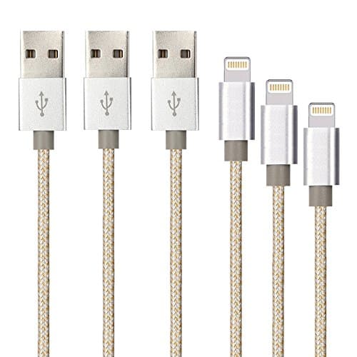 iPhone Charger, 3-Pack 3Ft 6Ft 10Ft Mingu, Nylon Braided Cord Lightning Cable to USB Charging Cable for iPhone 7 7 Plus 6s 6 5s 5c 5 SE, iPad Pro, Air, iPad mini 4 3 2, iPod Nano/Touch - Gold & Silver
