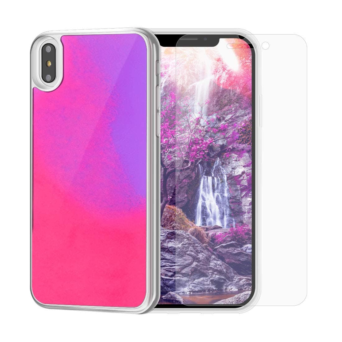 SanLead Phone X Case, iPhone Xs case, Luminous Quicksand TPU & PC Anti-Scratch Leak-Proof Glitter Liquid Phone Case with Screen Protector (Pink & Purple)