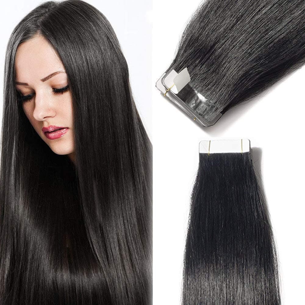 40 pcs Tape in Hair Extensions Human Hair Black Full Head - 100% Real Remy Natural Hair Straight Skin Weft (12 inches 80g, #1 Jet Black)