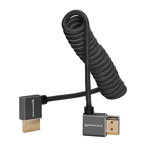 KONDOR BLUE 4K Right Angle HDMI to HDMI Thin Short Coiled Braided Cable for On-Camera Monitors, Capture Cards + More | 4K/60hz | 18Gbps 3D HDR MetaData | 12" ~ 24" Inch | Black