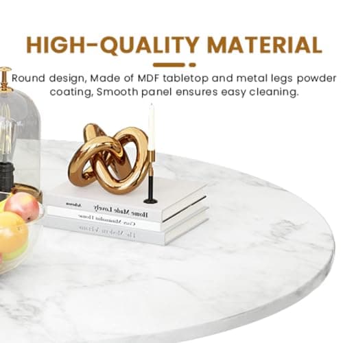 LTTROMAT 32 Inch Round White Marble Tulip Dining Table W/0.71" Thickness & Metal Pedestal Base for 2 to 4 People, Modern Kitchen Leisure Circle Coffee Table