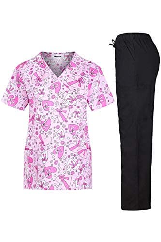 Women's Printed Medical Scrub Set Mock Wrap Top and Pants Pink Purple S