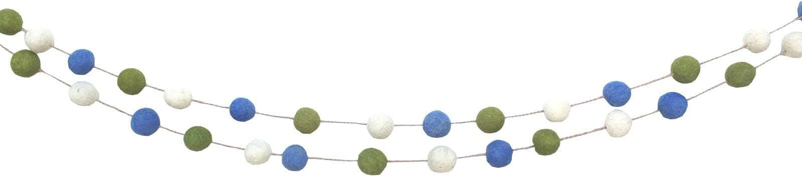 De Kulture Handmade Premium Woolย Felt POM POM Garland Eco Friendly Christmas Tree Ornament, Home Office Wedding Party Holiday Decoration Banner | 48 Inches,Green Blue & Off White (Set of 2)