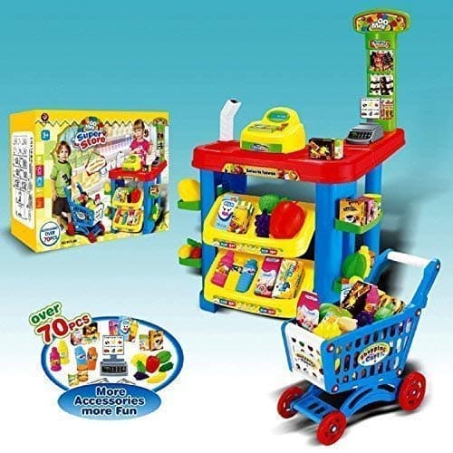 Rexco .214143 Electronic Toy Supermarket Trolley Cart Shop Till Pretend Food Kids Childrens Role Play Set, Multi Colour
