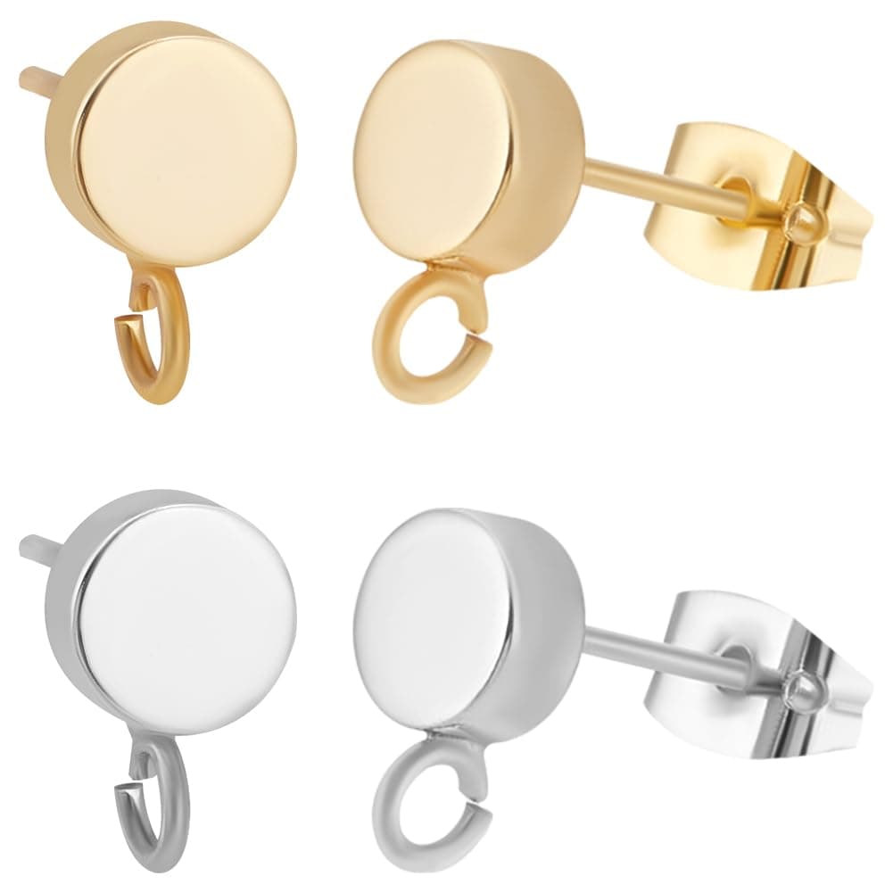 Beebeecraft 20Pcs Flat Round Gold & Silver Stud Earrings with Loop & Ear Nuts for Jewelry Making