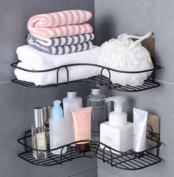 Multipurpose Bathroom/Kitchen Corner Storage Organizer Wall Mounted Rack Shelf Shower Caddy (No Drilling - Shelf Adhesive) Bathroom Accessories Storage Rack (Black, Pack of 1) (Black)