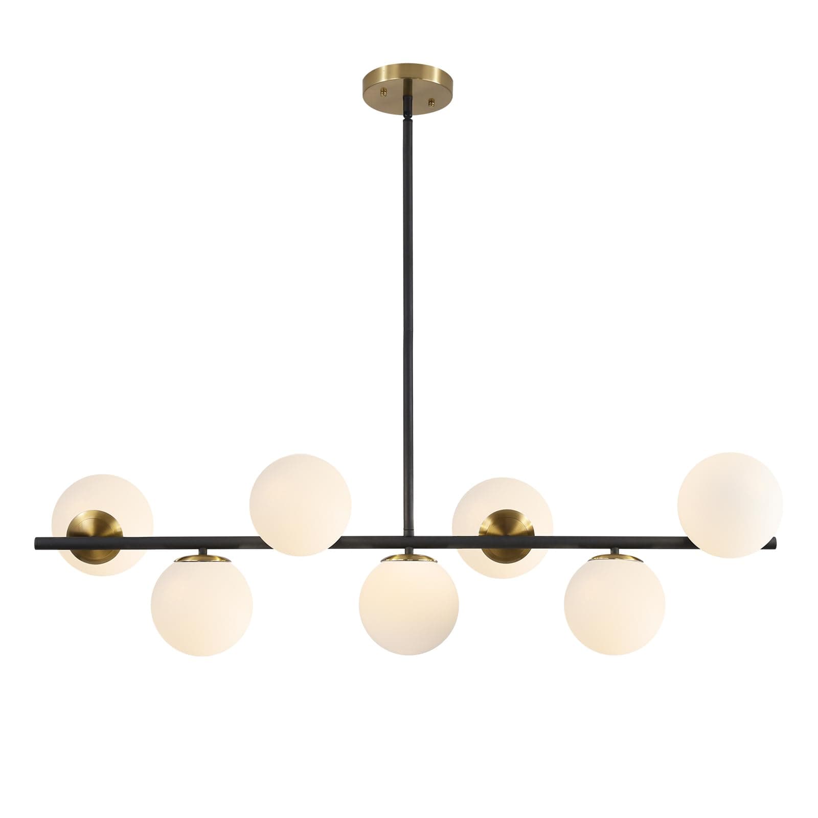 KCO Lighting Black and Brass Linear Pendant Light Mid Century Modern Sputnik Chandelier 7 Lights Milk Glass Globe Kitchen Island Pendant Lighting for Dining Room Living Room